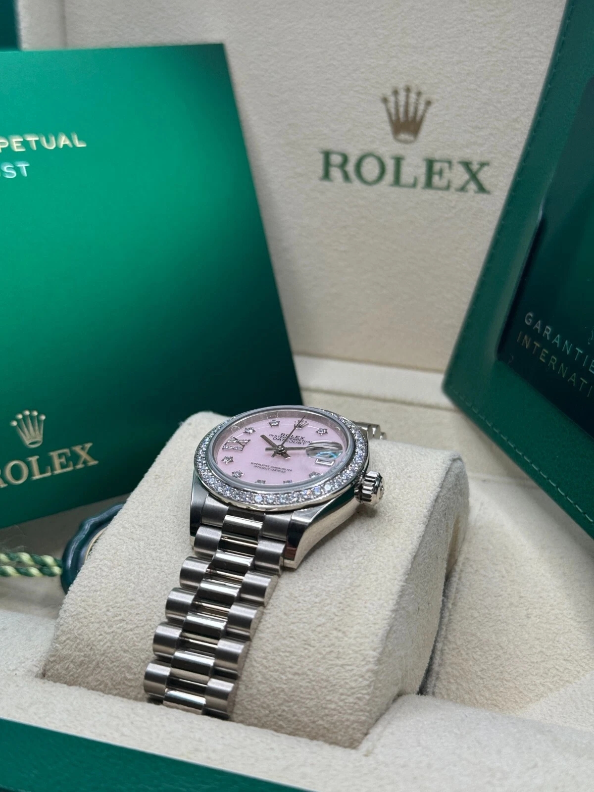 RLX Lady-Datejust 28mm 279139RBR Pink Opal Diamond Dial and Diamond Bezel White Gold Bracelet