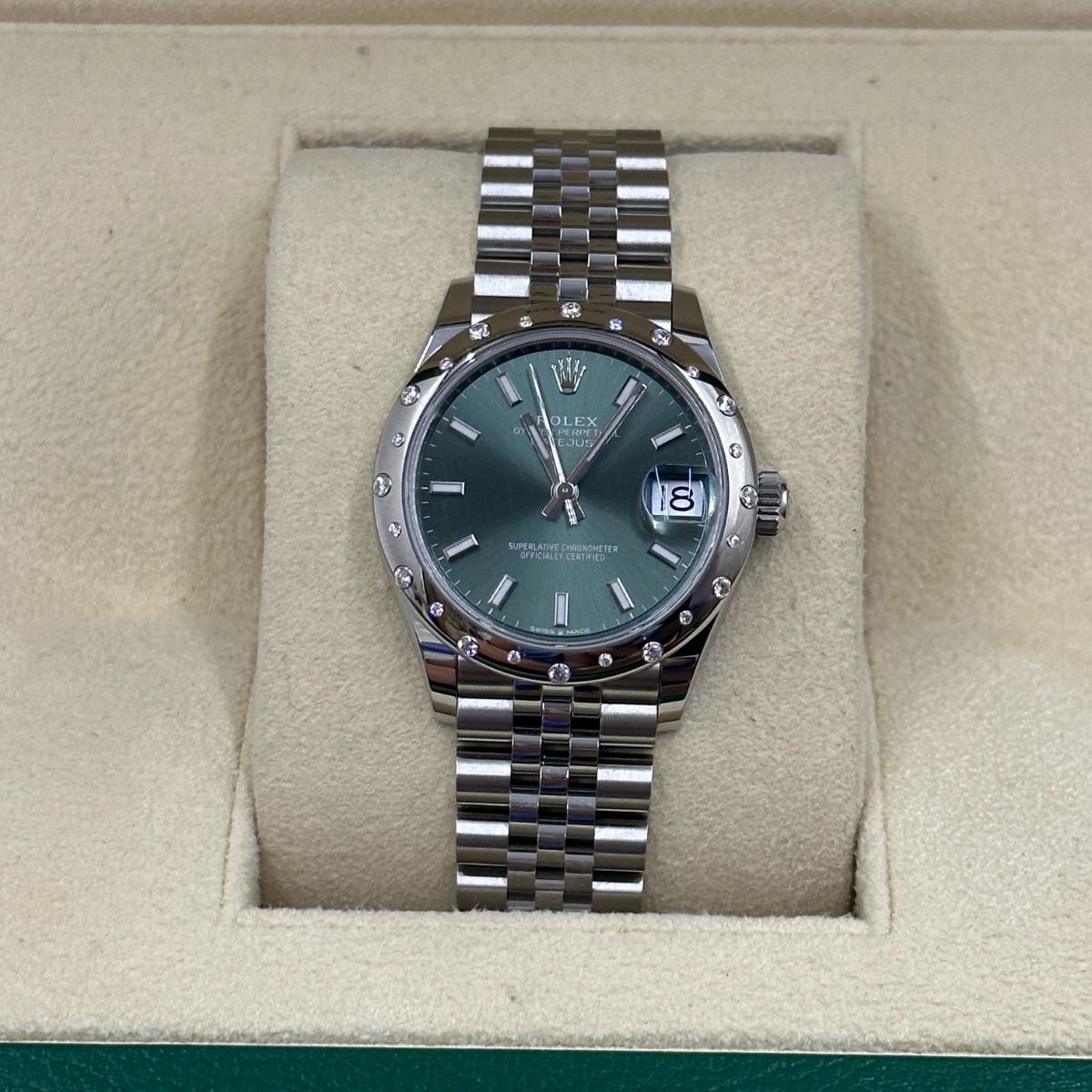 RLX Datejust m278344-0019/0020 Mint Green Dial 31mm Domed Diamond Oyster Watch
