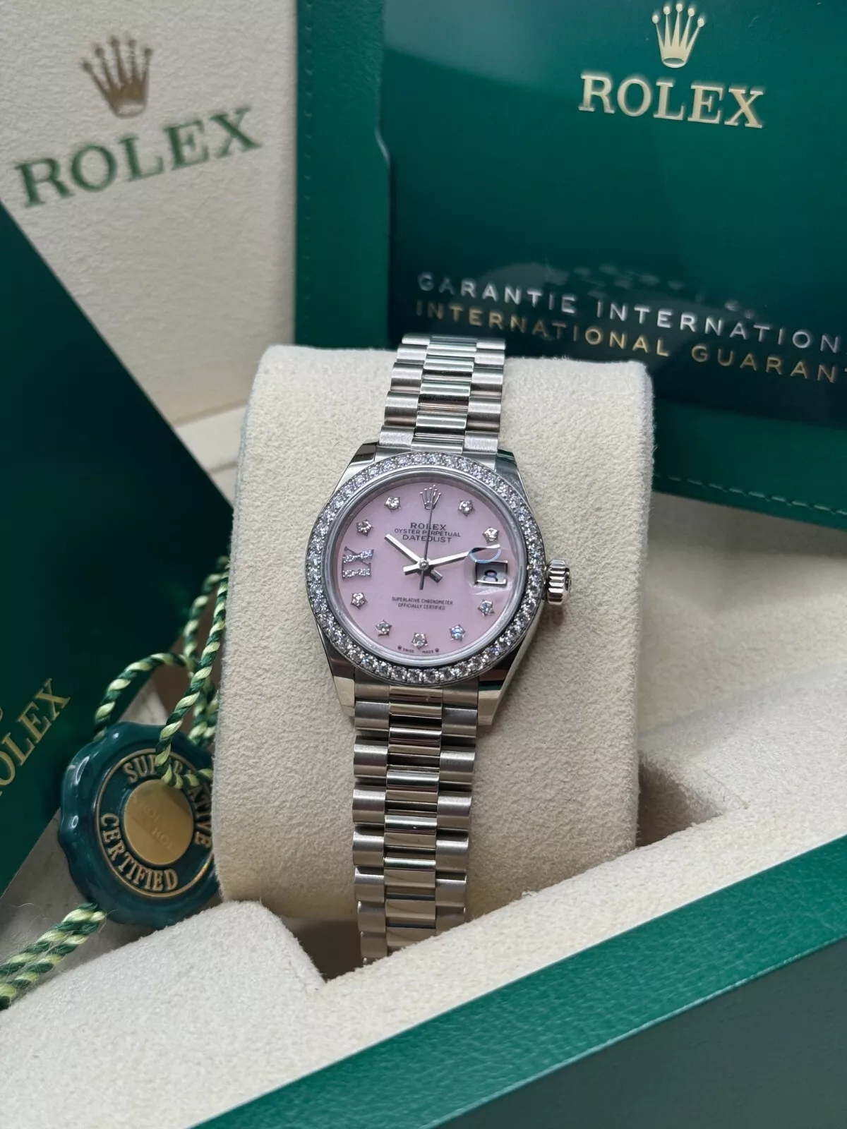 RLX Lady-Datejust 28mm 279139RBR Pink Opal Diamond Dial and Diamond Bezel White Gold Bracelet