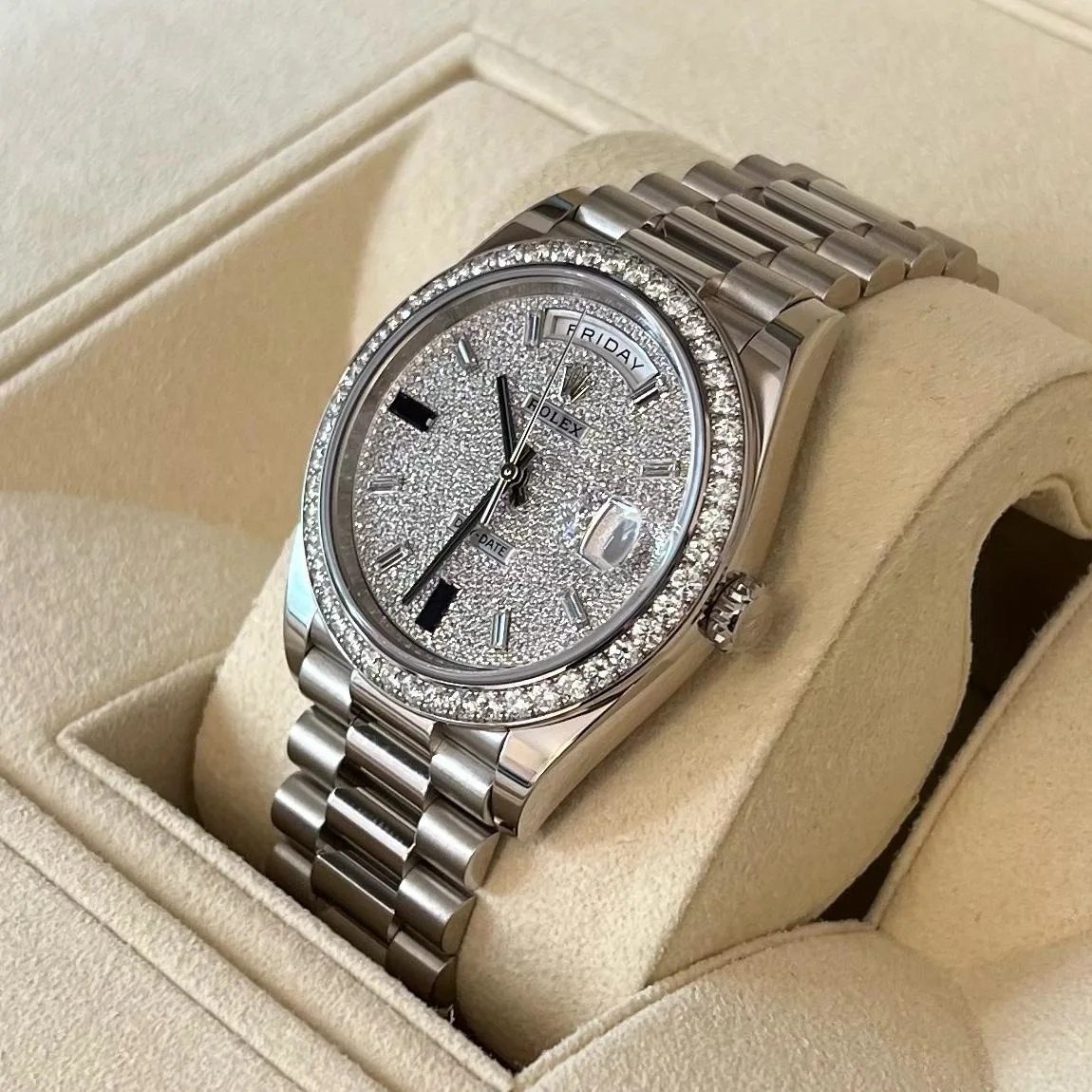 RLX 228349RBR-0036 Day-Date 40mm 18k White Gold Paved With Diamonds Watch