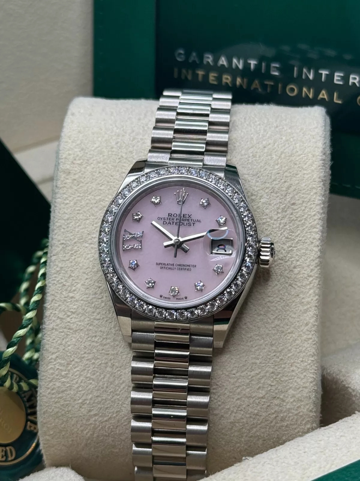 RLX Lady-Datejust 28mm 279139RBR Pink Opal Diamond Dial and Diamond Bezel White Gold Bracelet