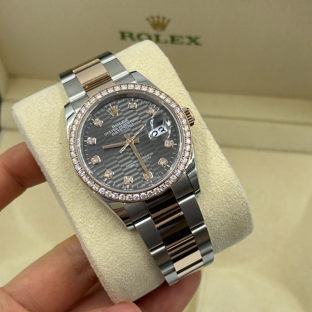 RLX  Datejust 36mm 126281 Slate Fluted Motif Diamond Dial Diamond Bezel and Oyster Bracelet