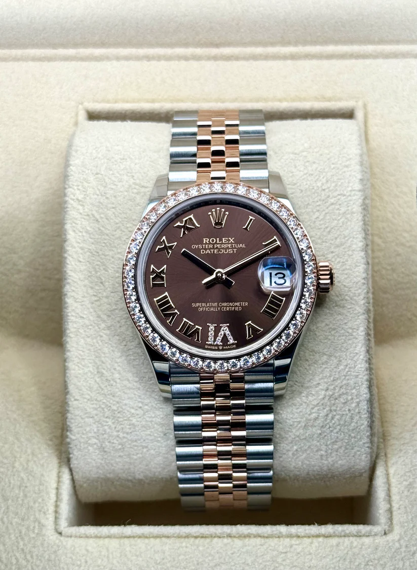 RLX Datejust m278381-0005/0006 Chocolate Roman Diamond 31mm Dial Diamond-Set Bezel and Oyster Bracelet Watch