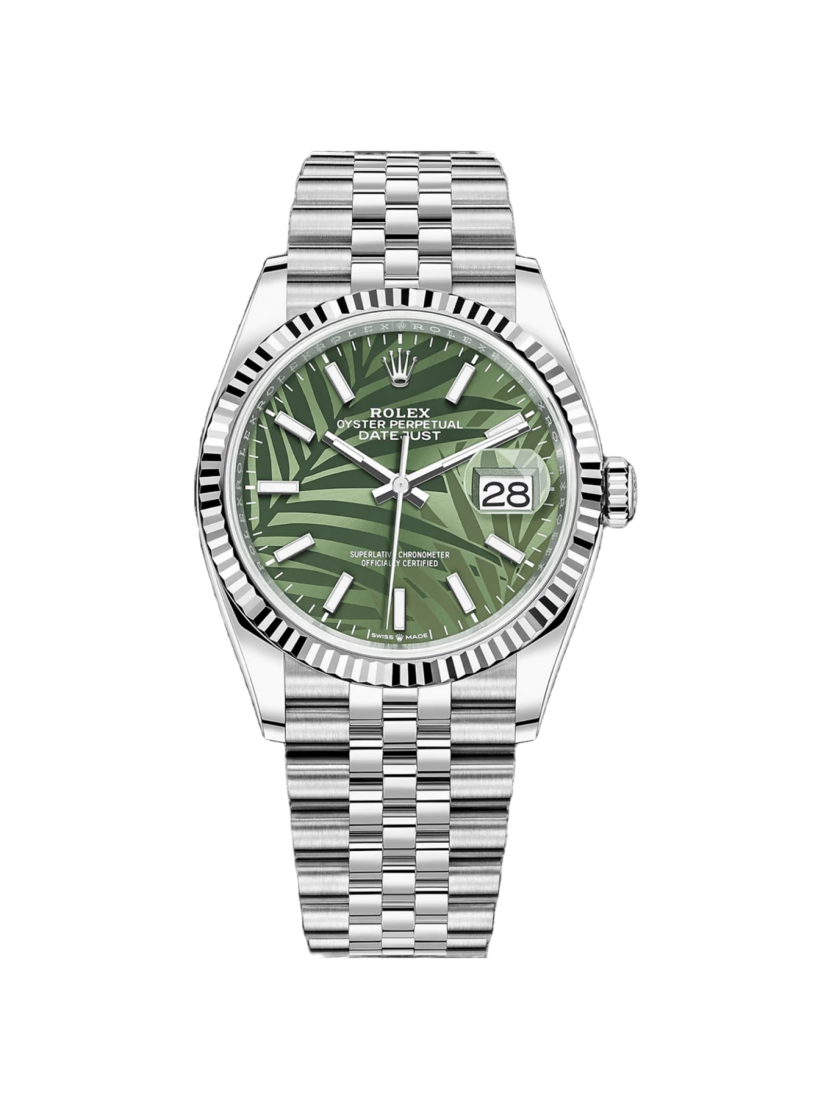 RLX  Datejust 36mm 126234 Olive Green Palm Motif Dial Jubilee Stainless Steel Watch