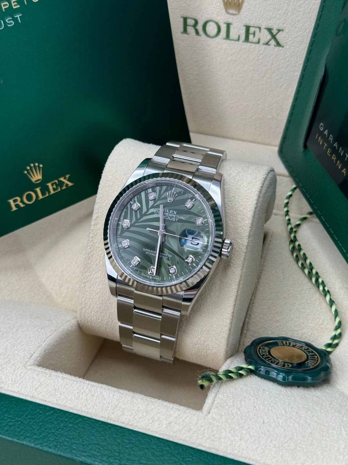 RLX  Datejust 36mm 126234 Olive Green Palm Motif Diamond Dial Jubilee Stainless Steel Watch
