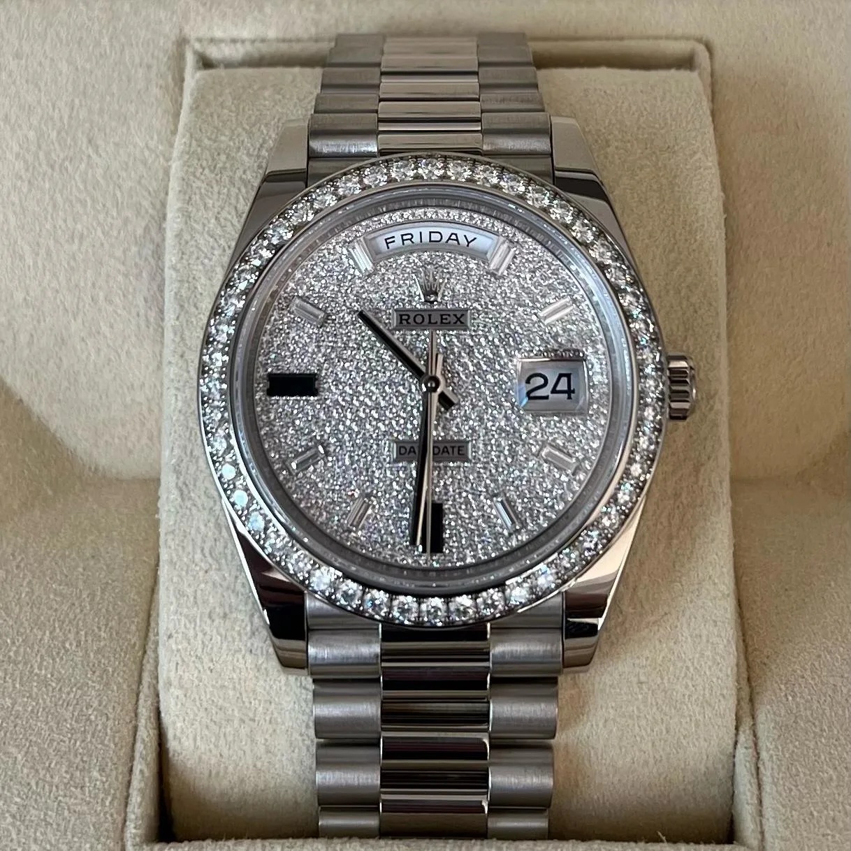 RLX 228349RBR-0036 Day-Date 40mm 18k White Gold Paved With Diamonds Watch