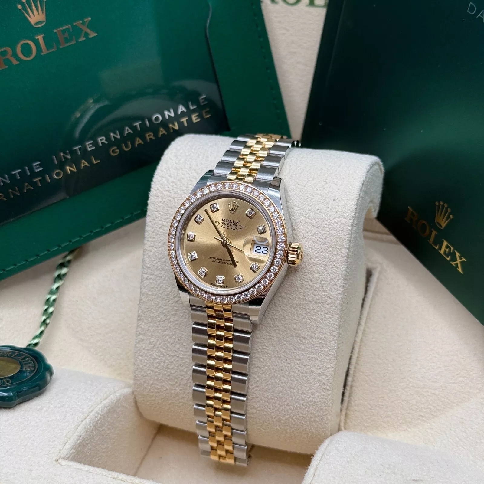 RLX Lady-Datejust 28mm 279383RBR Champagne Diamond Dial Yellow Rolesor Oyster Bracelet
