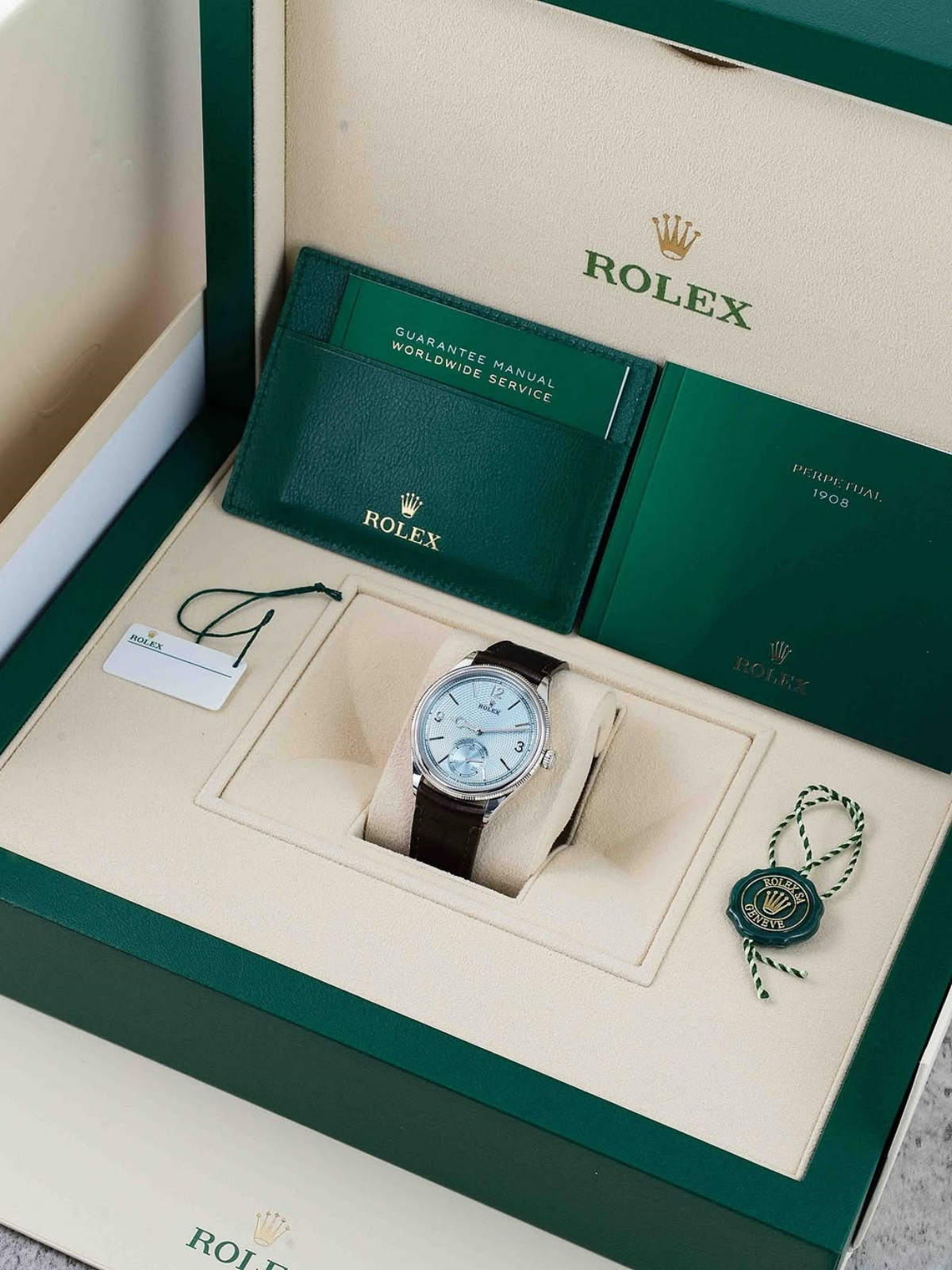 Rolex 1908 Platinum Ice Blue Dial Brown Alligator Strap - 52506-0002