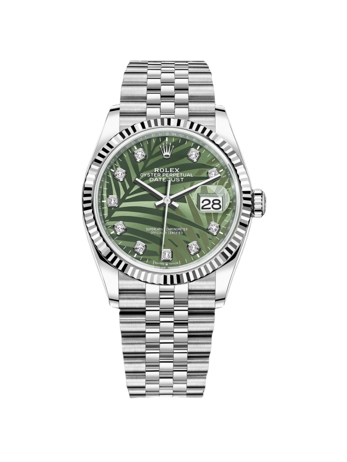 RLX  Datejust 36mm 126234 Olive Green Palm Motif Diamond Dial Jubilee Stainless Steel Watch