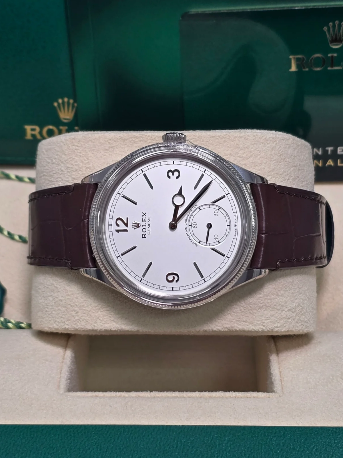 Rolex 1908 White Gold White Dial Brown Alligator Strap - 52509-0006