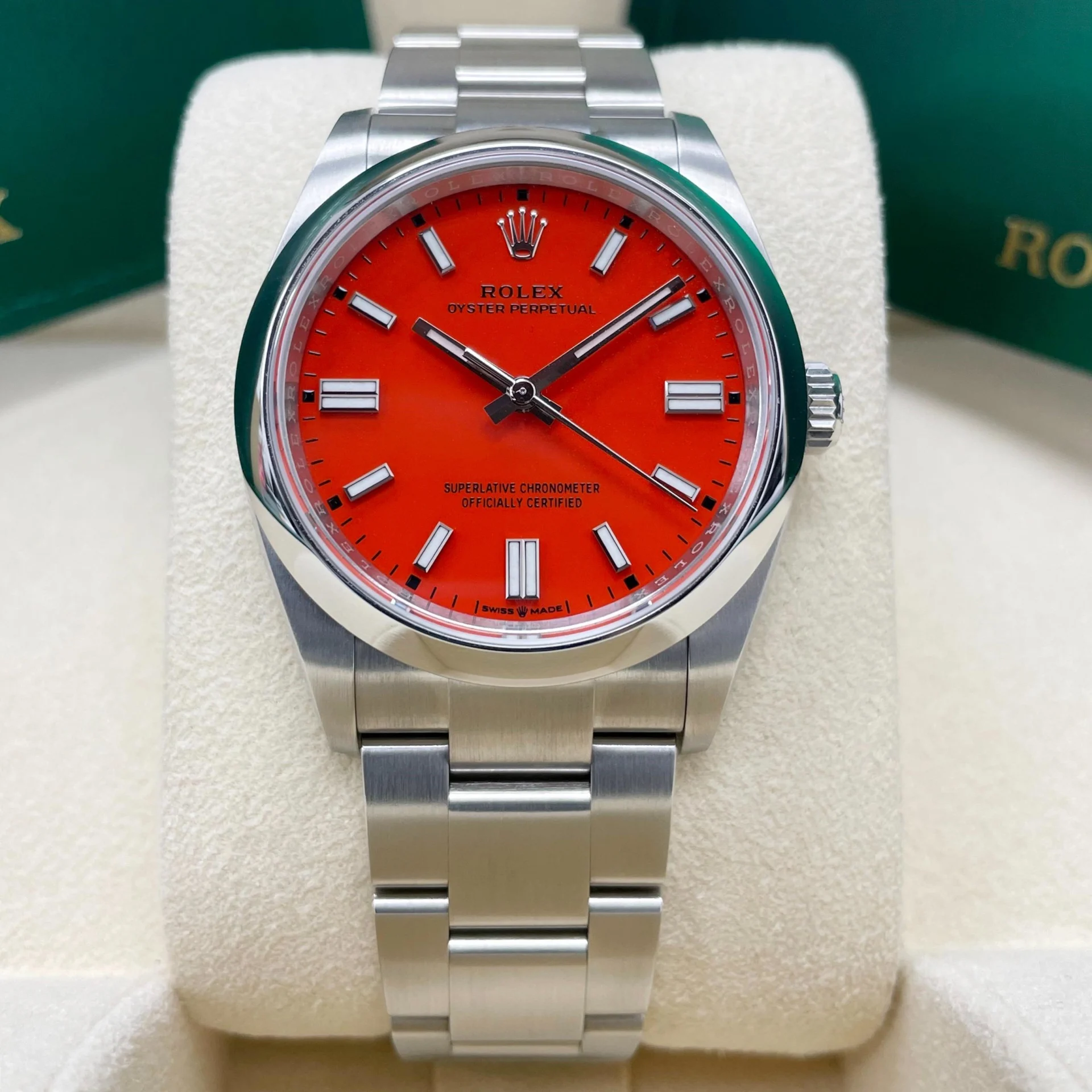 RLX Oyster Perpetual 36mm 126000-0007 Coral Red Dial Steel Watch