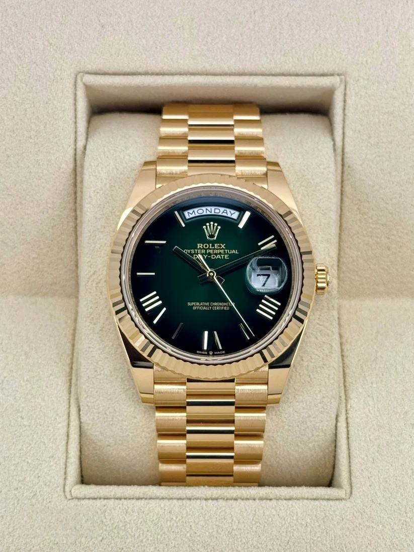 RLX  Yellow Gold President Day Date 40mm Green Roman Ombre Dial - 228238