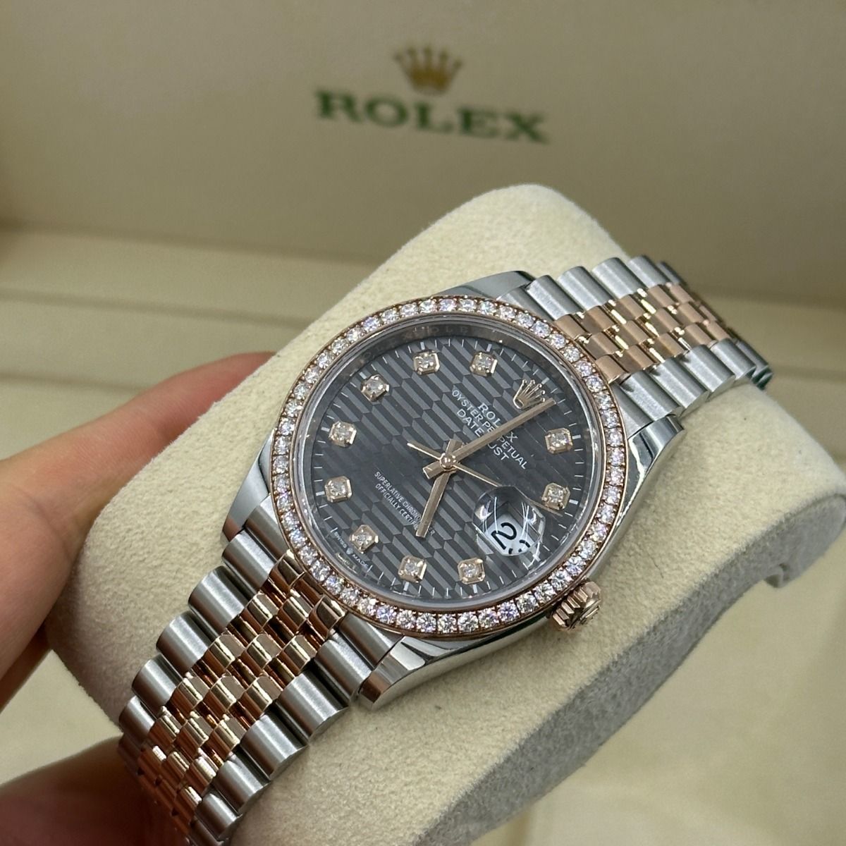 RLX  Datejust 36mm 126281 Slate Fluted Motif Diamond Dial Diamond Bezel and Oyster Bracelet