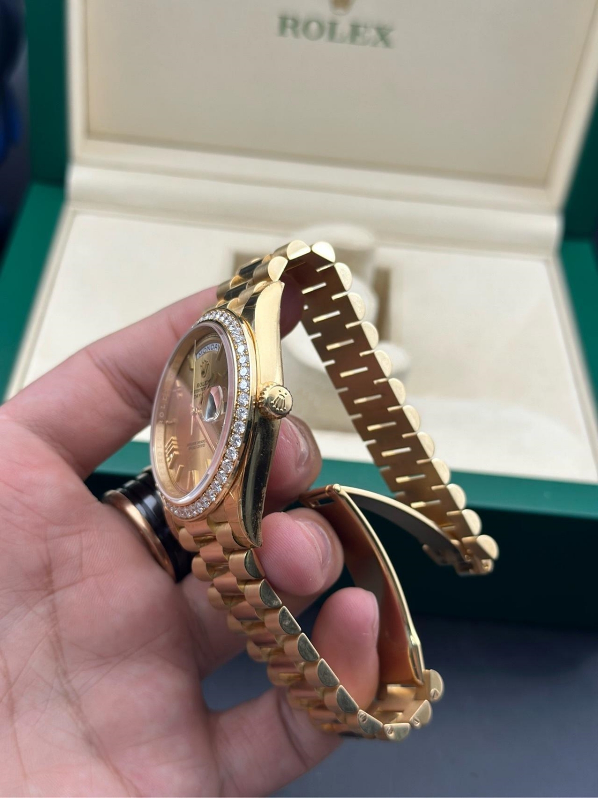 RLX Day-Date 40mm Champagne Dial and Diamond Bezel Yellow Gold President Bracelet  228348RBR-0003