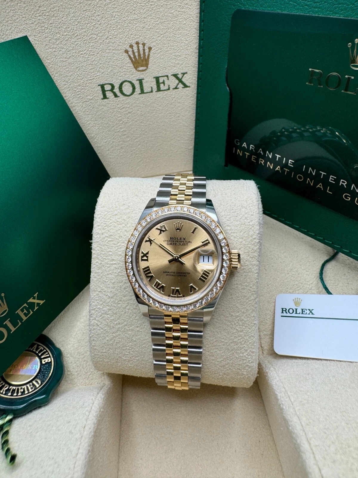 RLX Lady-Datejust 28mm 279383RBR Champagne Roman Dial Yellow Rolesor Oyster Bracelet