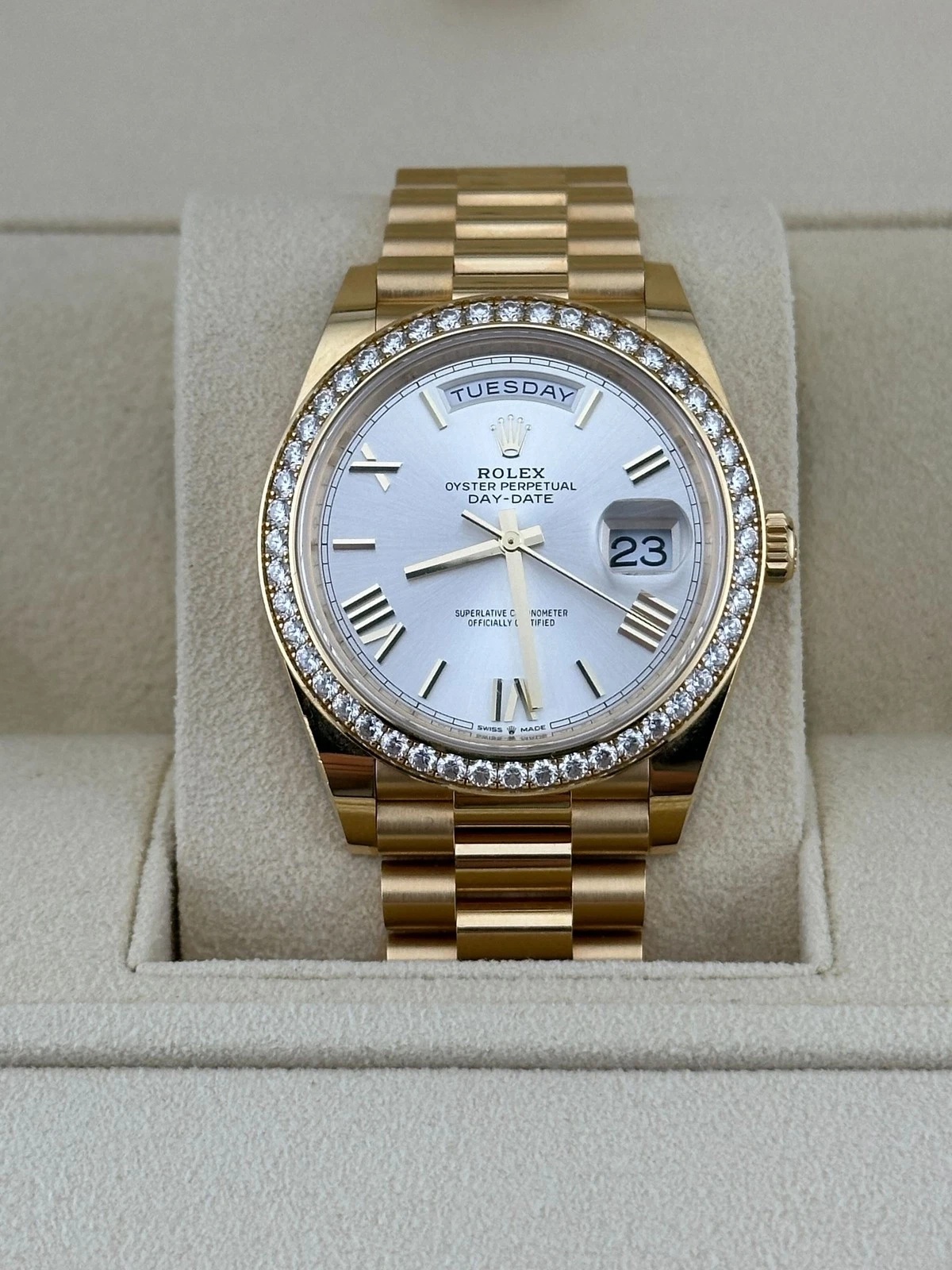 RLX Day-Date 40mm Silver Roman Dial and Diamond Bezel Yellow Gold President Bracelet 228348RBR-0007