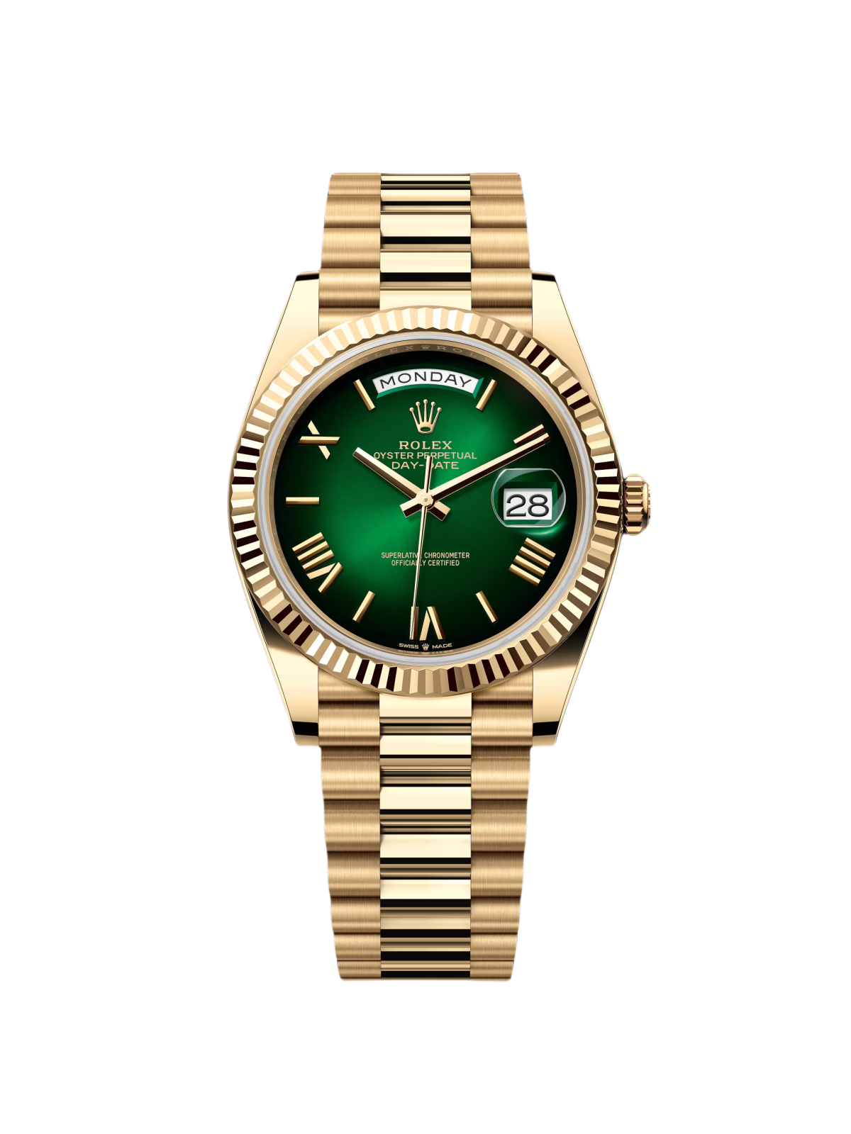 RLX  Yellow Gold President Day Date 40mm Green Roman Ombre Dial - 228238