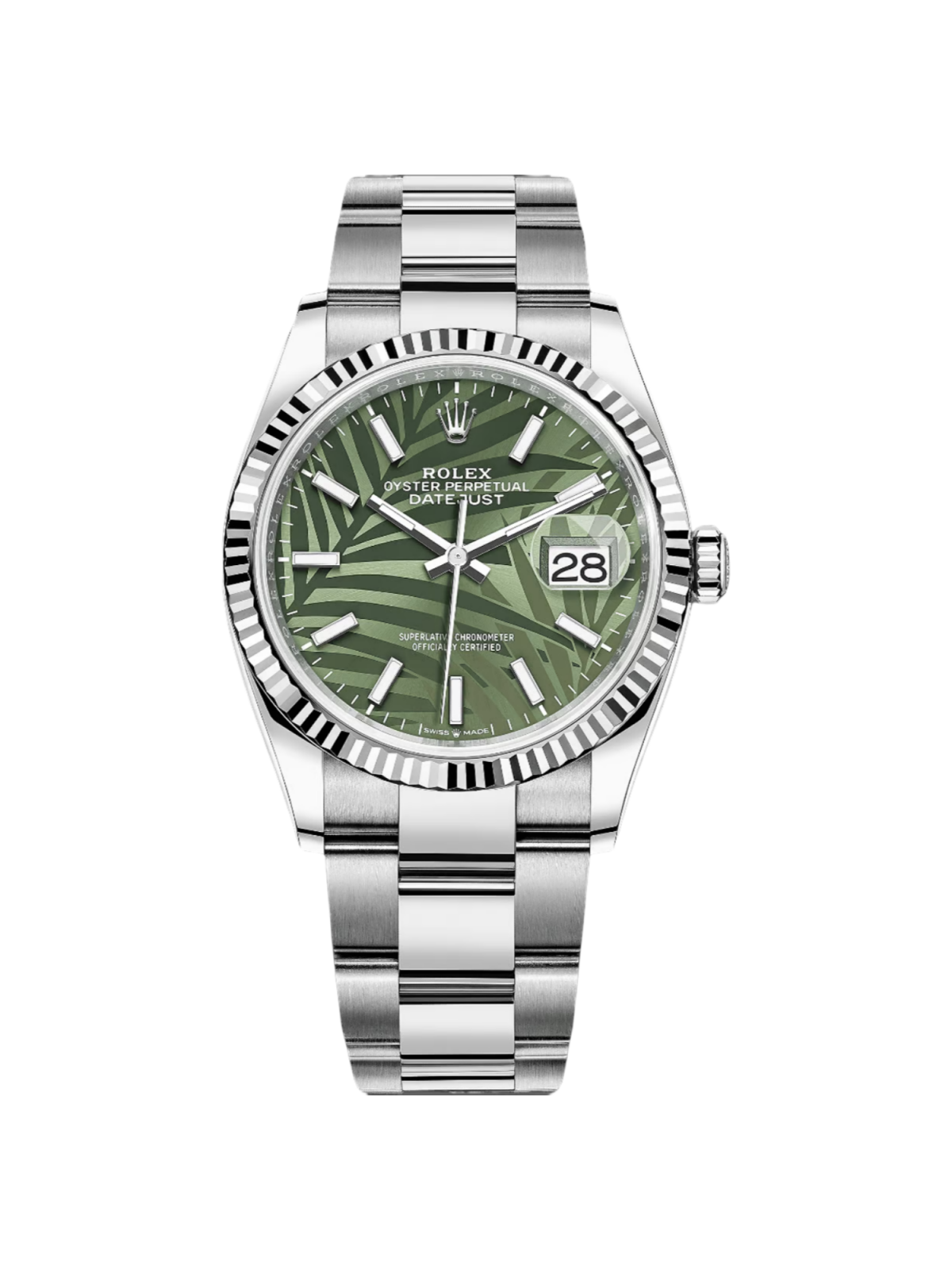 RLX  Datejust 36mm 126234 Olive Green Palm Motif Dial Jubilee Stainless Steel Watch