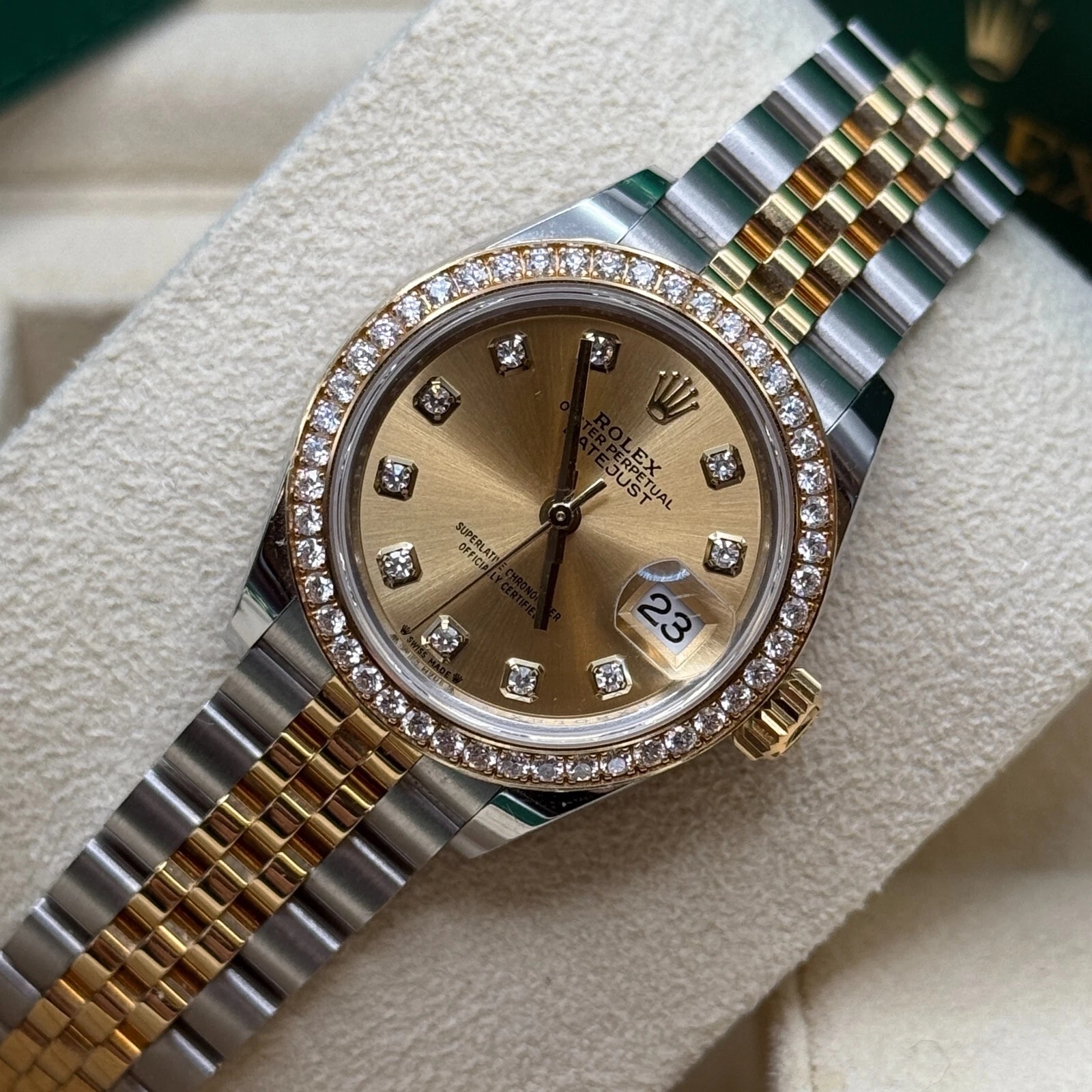 RLX Lady-Datejust 28mm 279383RBR Champagne Diamond Dial Yellow Rolesor Oyster Bracelet
