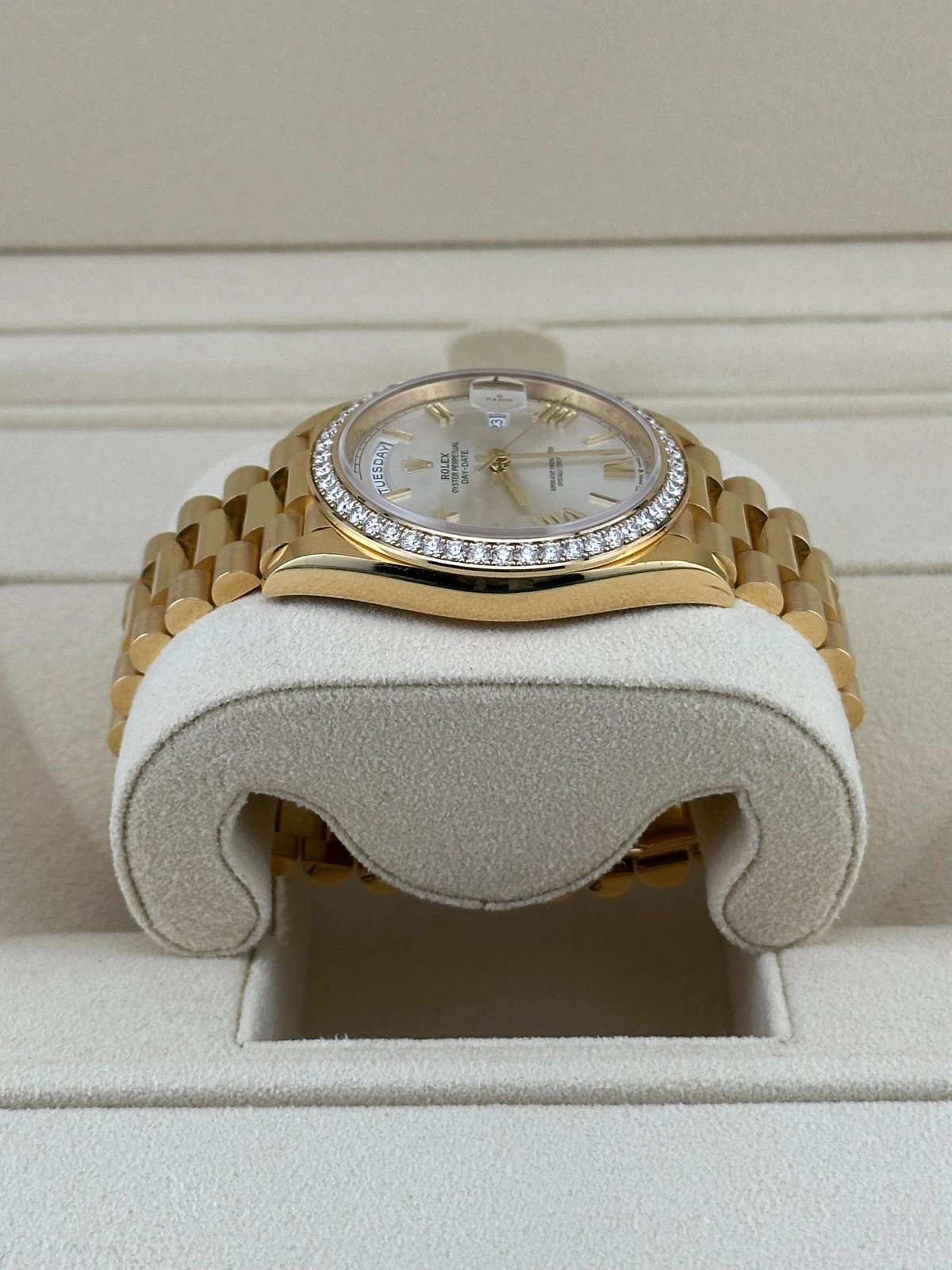 RLX Day-Date 40mm Silver Roman Dial and Diamond Bezel Yellow Gold President Bracelet 228348RBR-0007