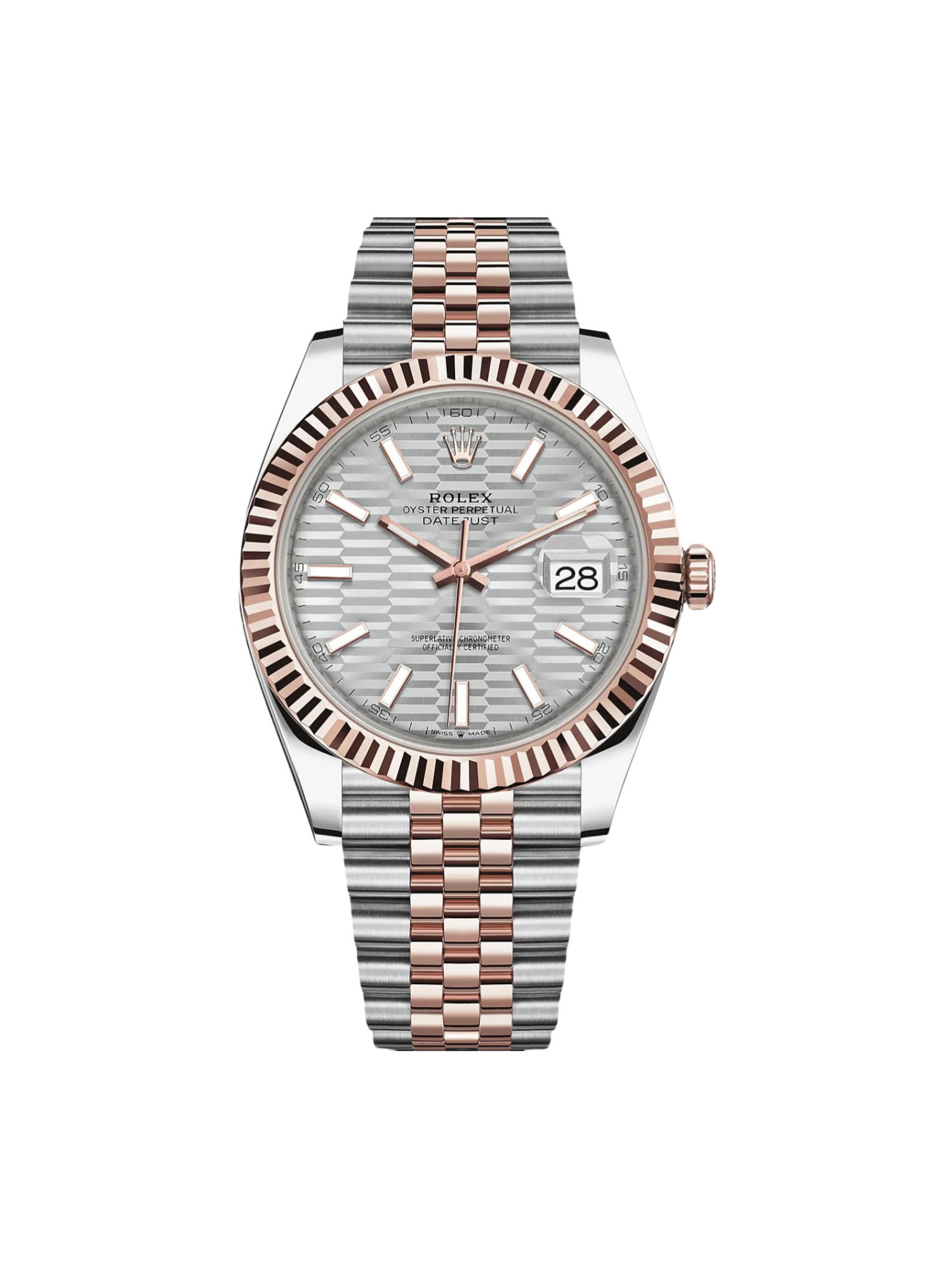 RLX Datejust 41mm 126331 Silver Fluted Motif Dial Two Tone Stainless Steel & 18K Rose Gold Jubilee Bracelet Men's Watch