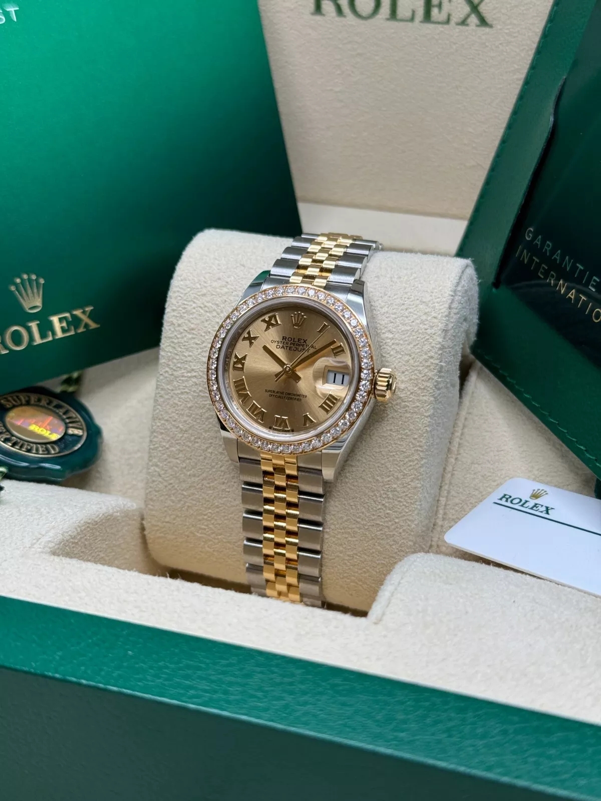 RLX Lady-Datejust 28mm 279383RBR Champagne Roman Dial Yellow Rolesor Oyster Bracelet