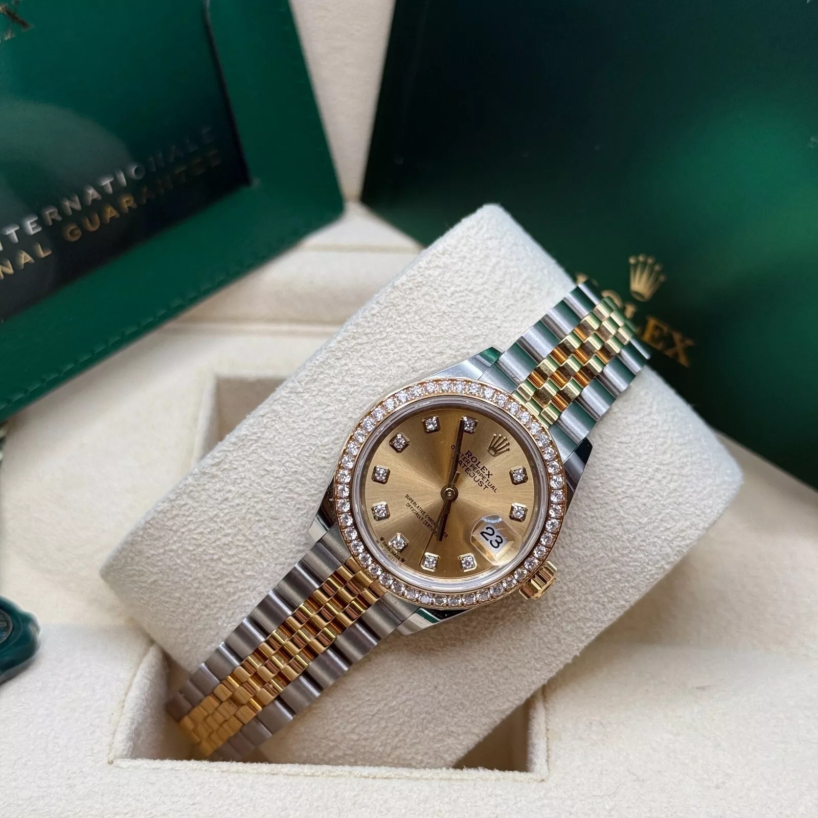 RLX Lady-Datejust 28mm 279383RBR Champagne Diamond Dial Yellow Rolesor Oyster Bracelet