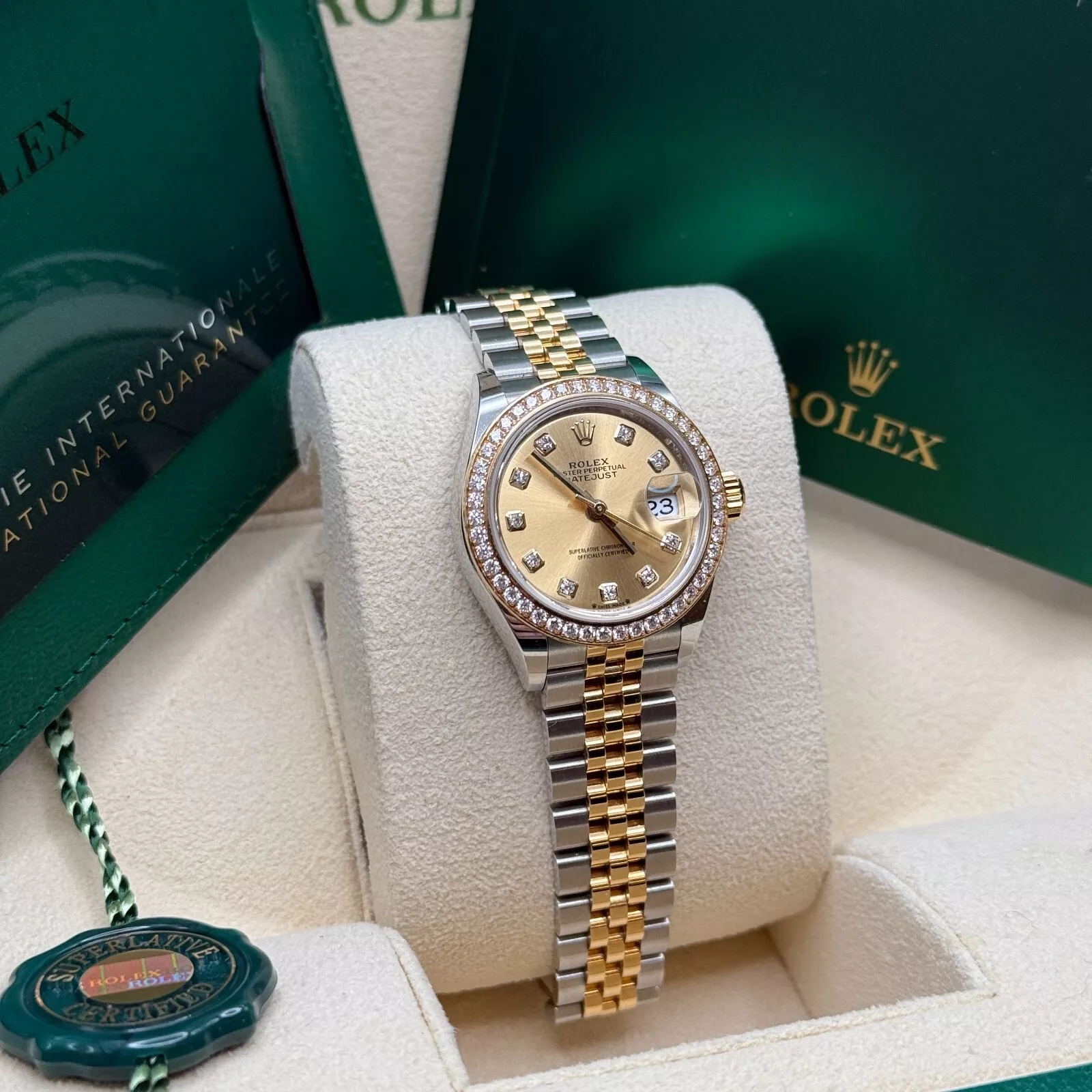 RLX Lady-Datejust 28mm 279383RBR Champagne Diamond Dial Yellow Rolesor Oyster Bracelet