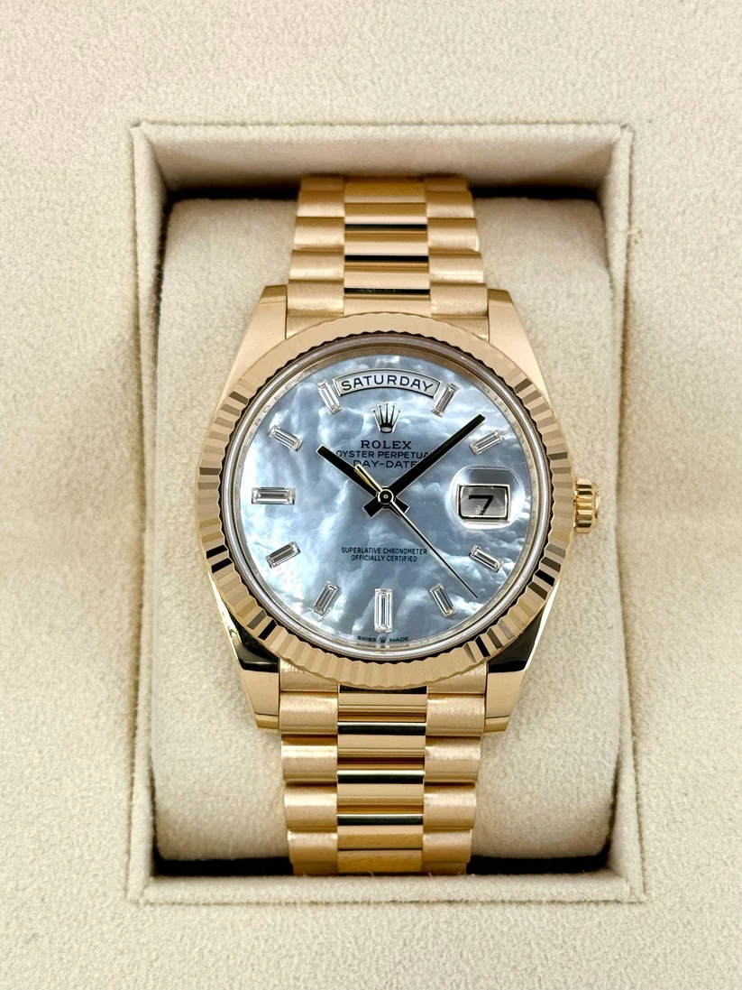 RLX Day-Date 40mm Yellow Gold President  Mother of Pearl Diamond Baguette Dial - 228238