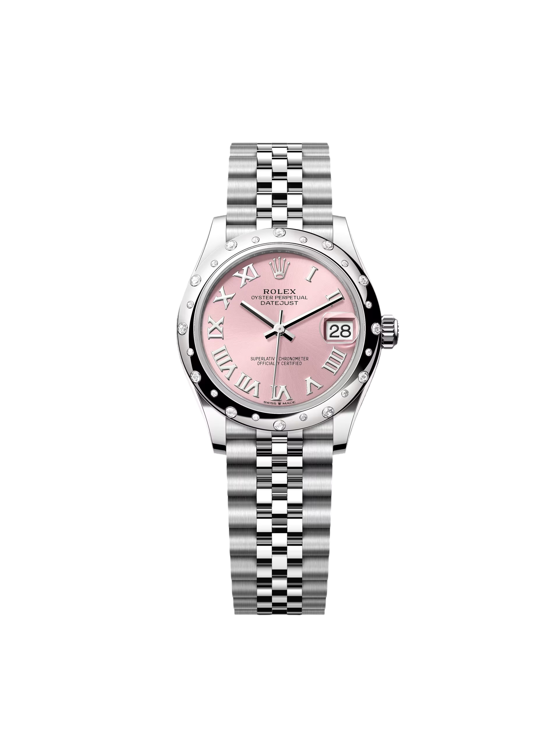 RLX Datejust m278344-0021/0022 Pink Dial 31mm Domed Diamond Oyster Watch