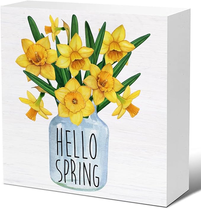 Spring Decor - Hello Spring Decorations - Floral Wooden Decorative Sign