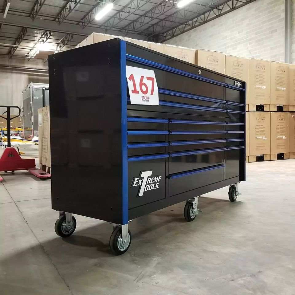 Extreme Tools RX Series 72 19 Drawer 25 Deep Roller Cabinet, Black Blue, 150 lbs