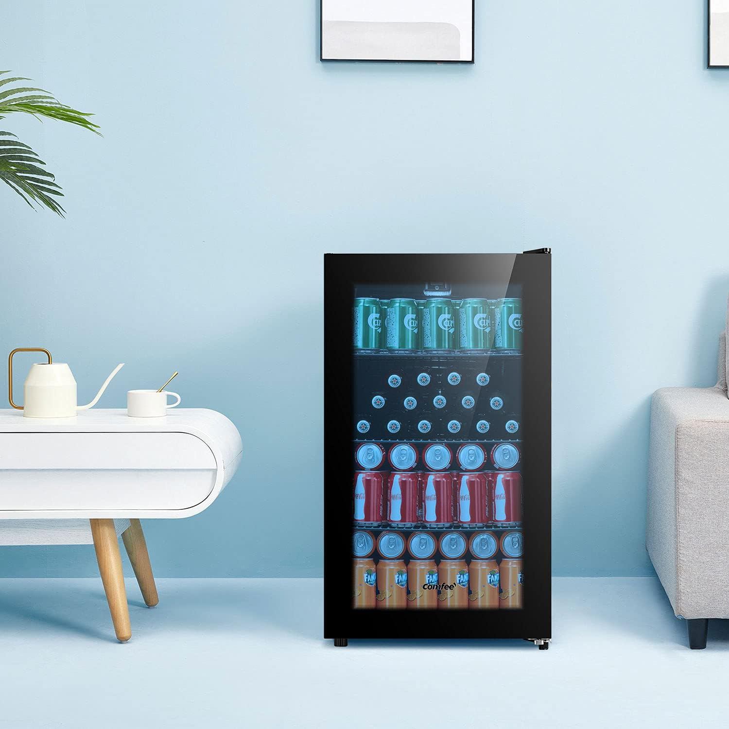 COMFEE' RCZ96BG1(E) Under Counter Beer Fridge, 93L Beverages & Drinks Fridge, LED Light, Removable Shelves, Economic Energy [En