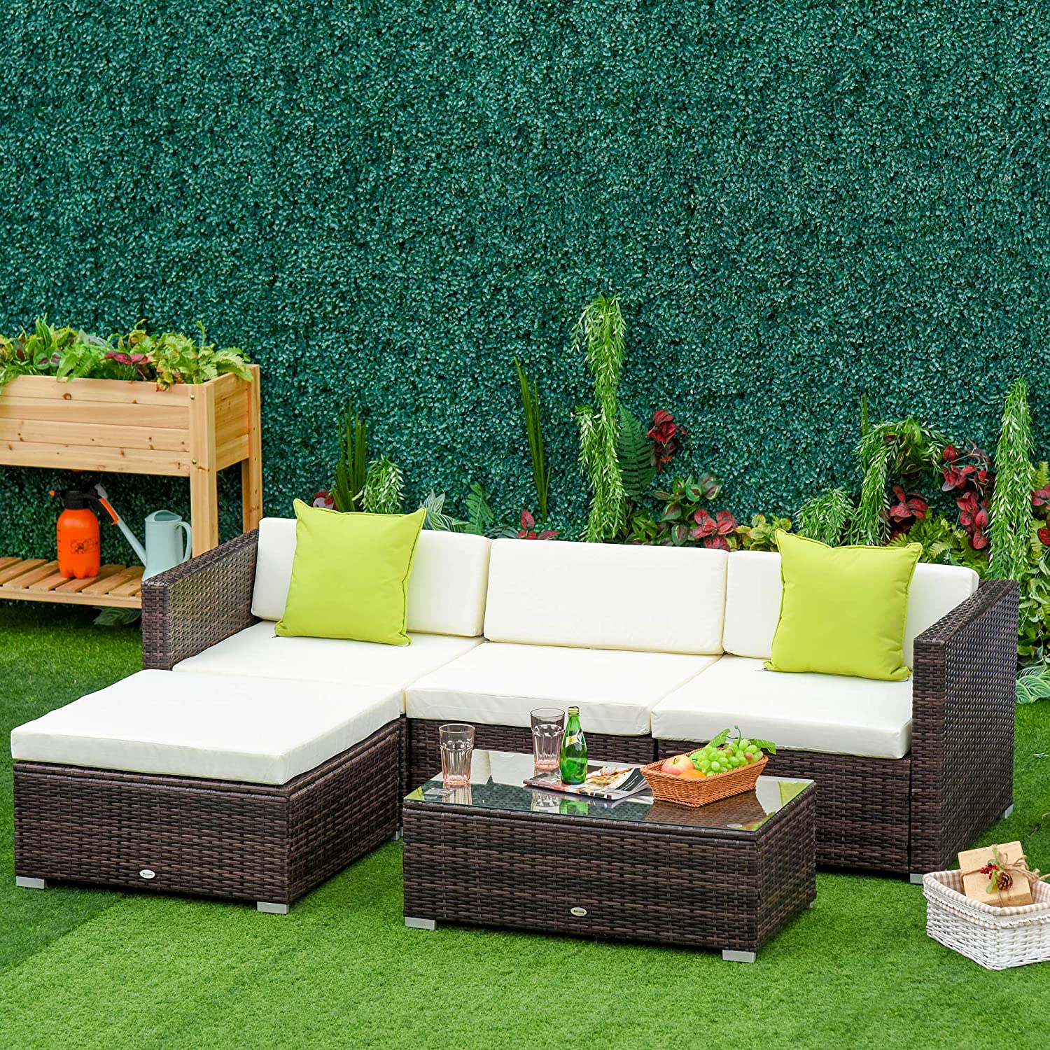 Outsunny 5PC Rattan Furniture Set Garden Outdoor Sectional Sofa Coffee Table Combo Patio Furniture Metal Frame w/Cushion Pillows Grey
