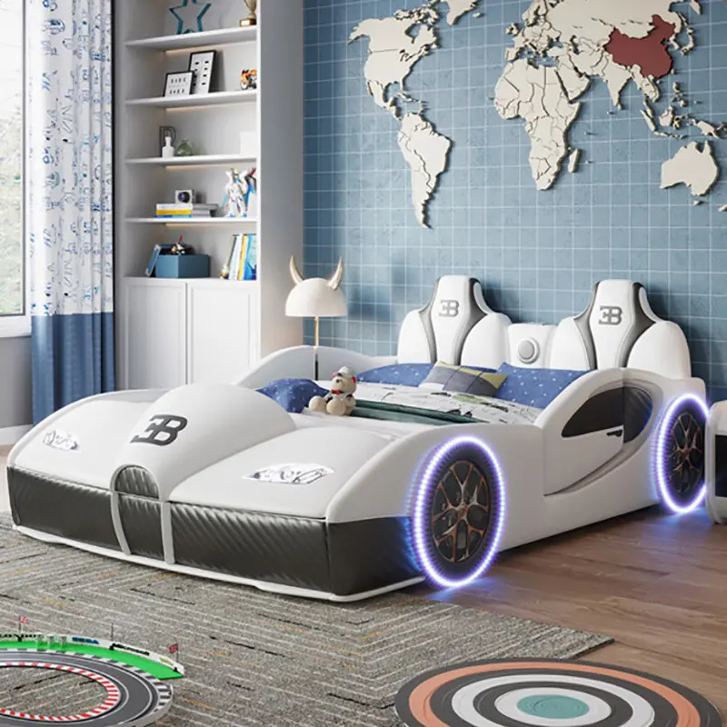 Creative Simple Car Children's Bed Little Boy Creative Solid Wood Frame High-Quality Leather Bed