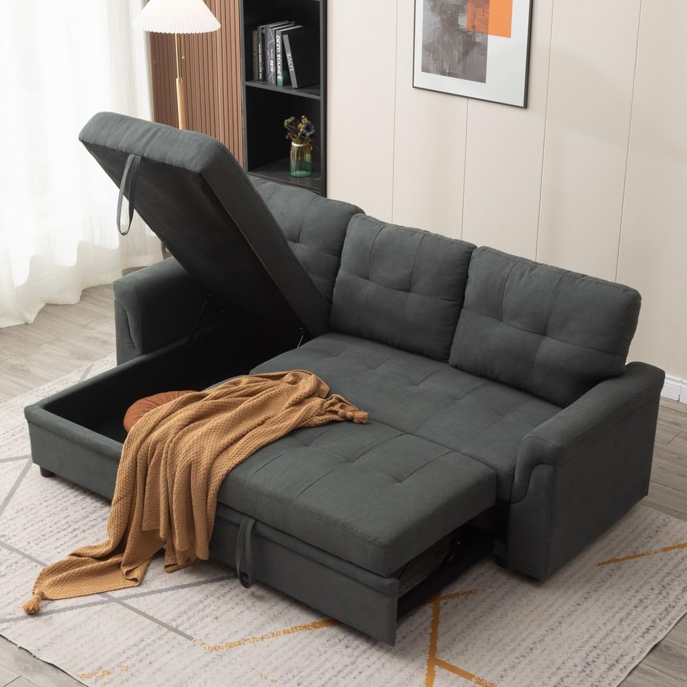 Panana 3 Seater Universal Sofa Bed Corner - Linen or Black Leather-Like Fabric Sofa Bed with Storage & Reversible Chaise (Grey Linen Fabric)