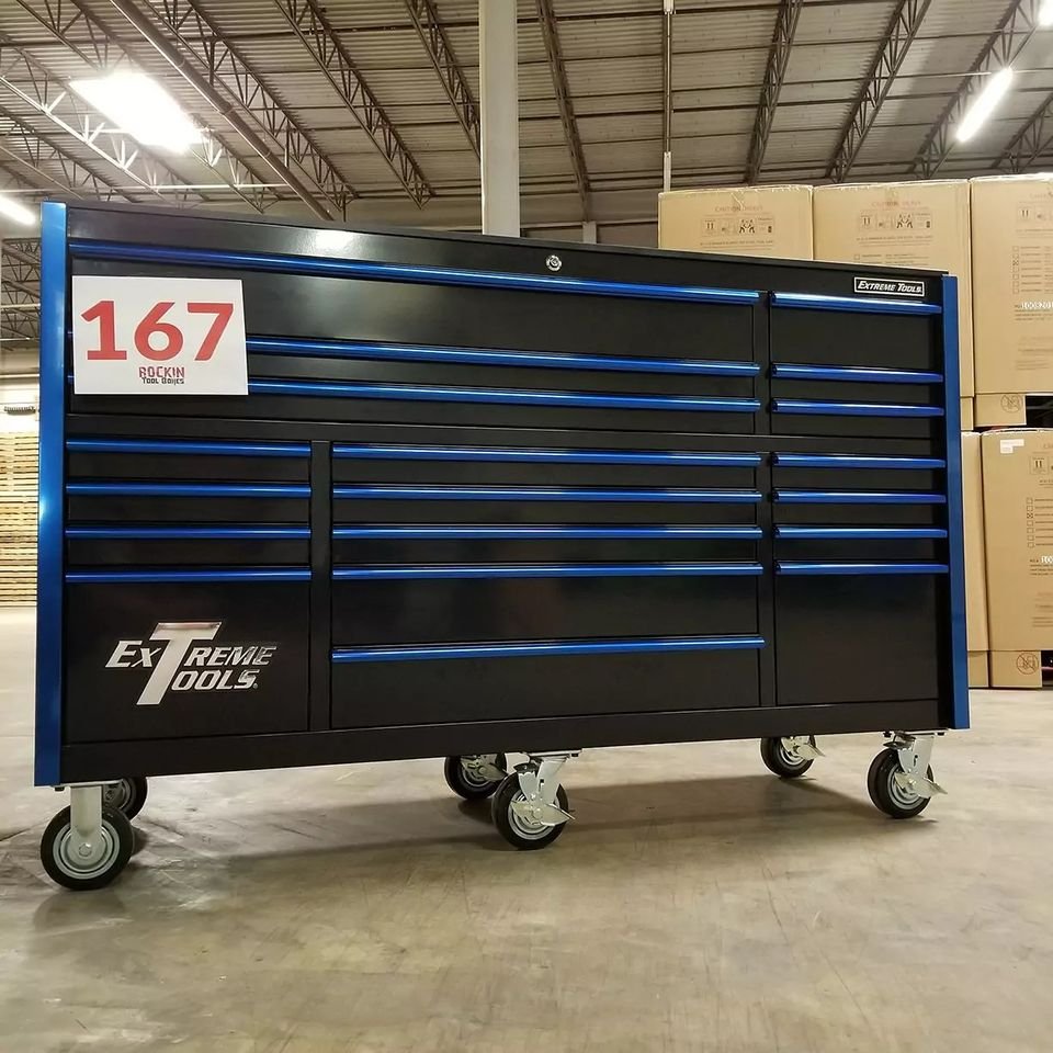 Extreme Tools RX Series 72 19 Drawer 25 Deep Roller Cabinet, Black Blue, 150 lbs