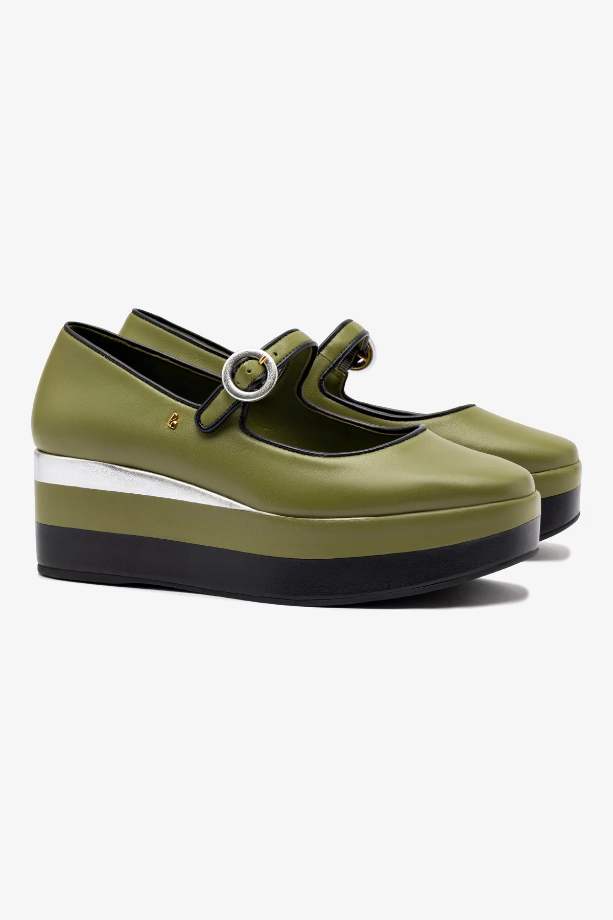 Blair Flatform In Seaweed and Black Leather and Silver Metallic Leather