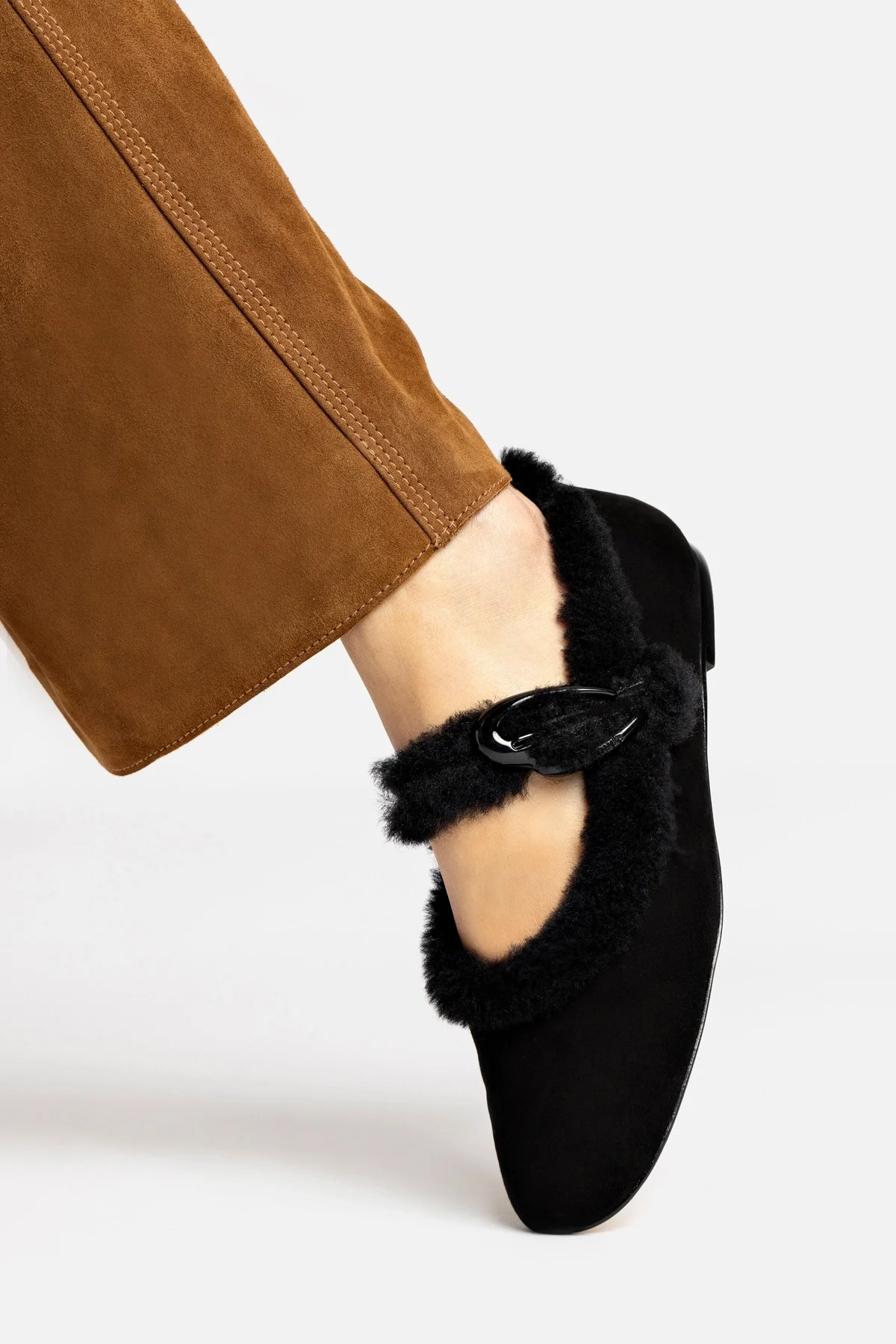 Verona Ballet Flat In Black Suede And Black Shearling