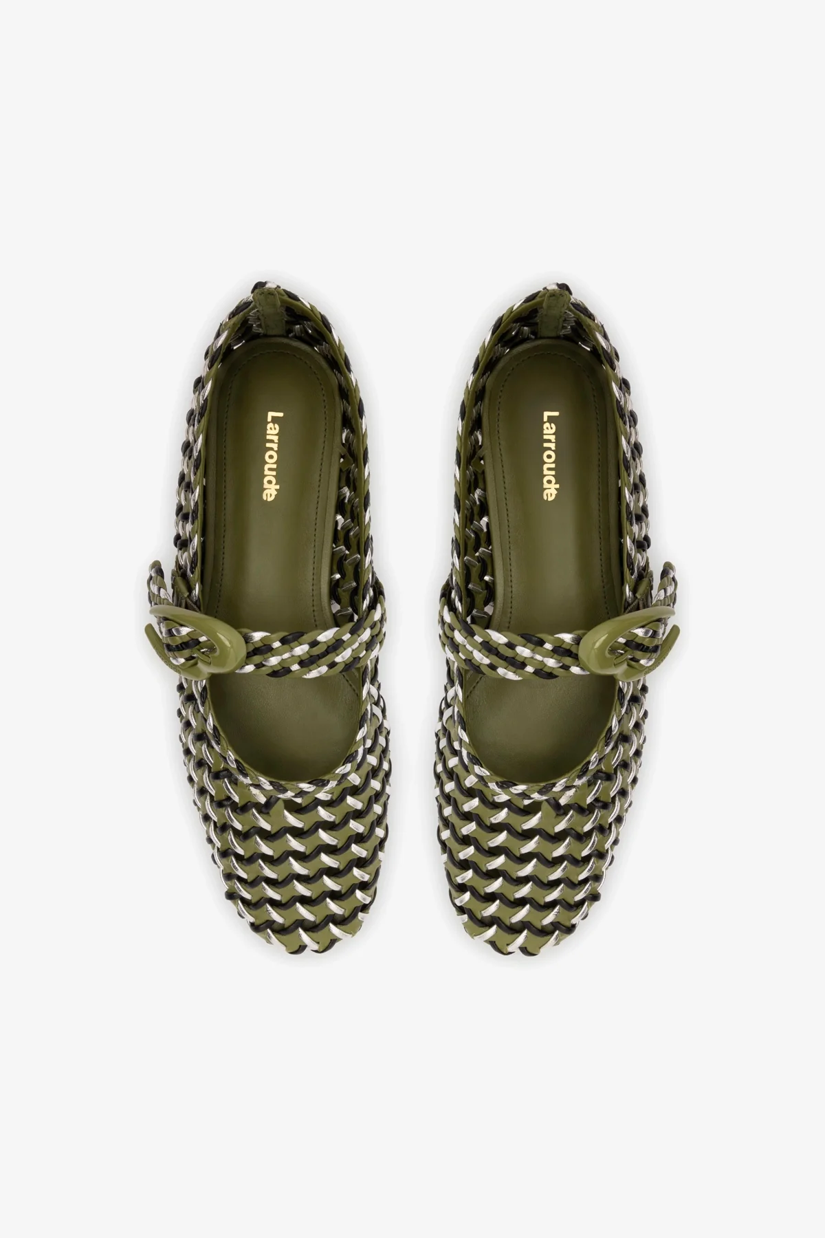 Verona Macrame Ballet Flat In Seaweed, Black and Silver Metallic Leather