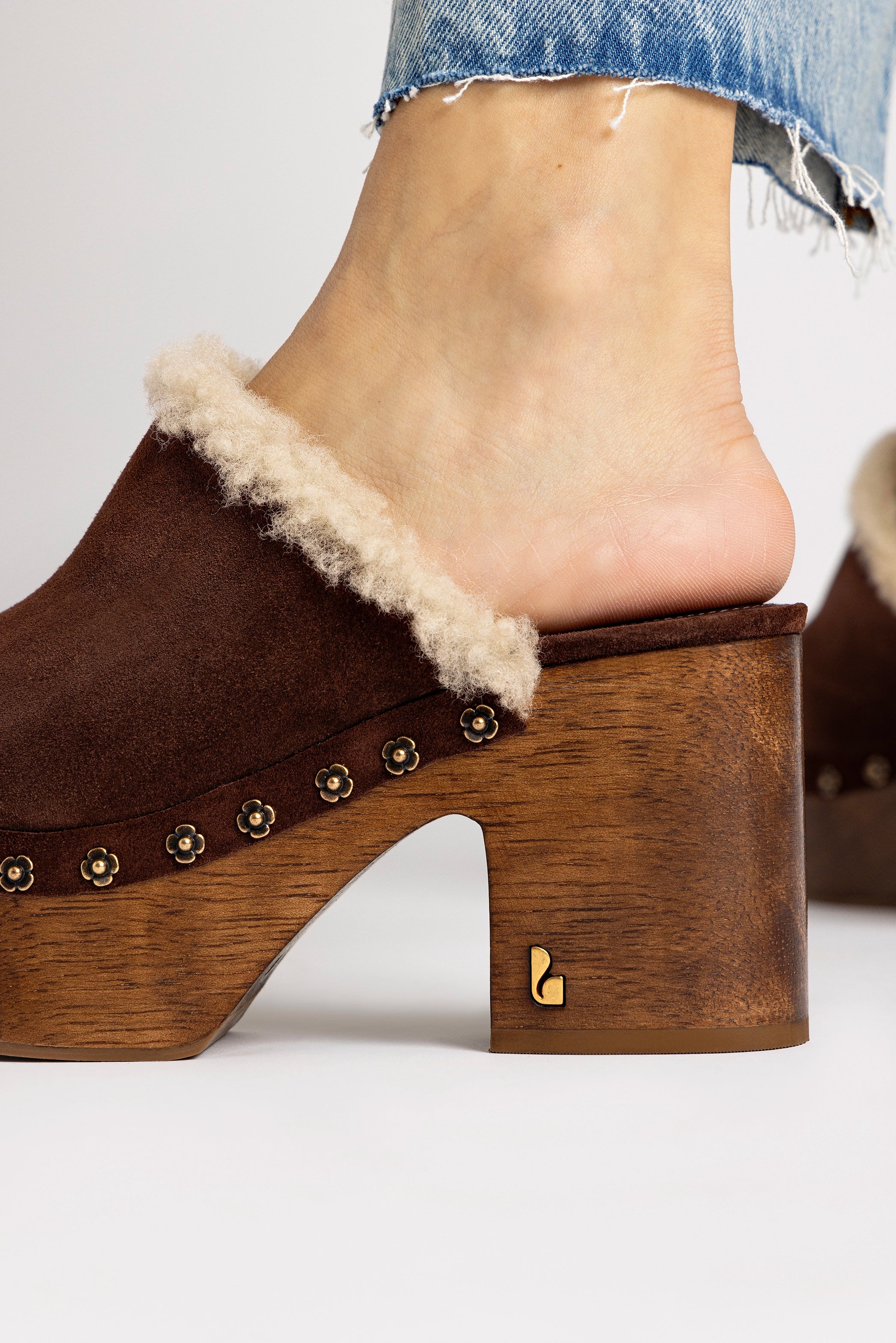 Miso Wooden Platform Clog In Brown Suede And Natural Shearling