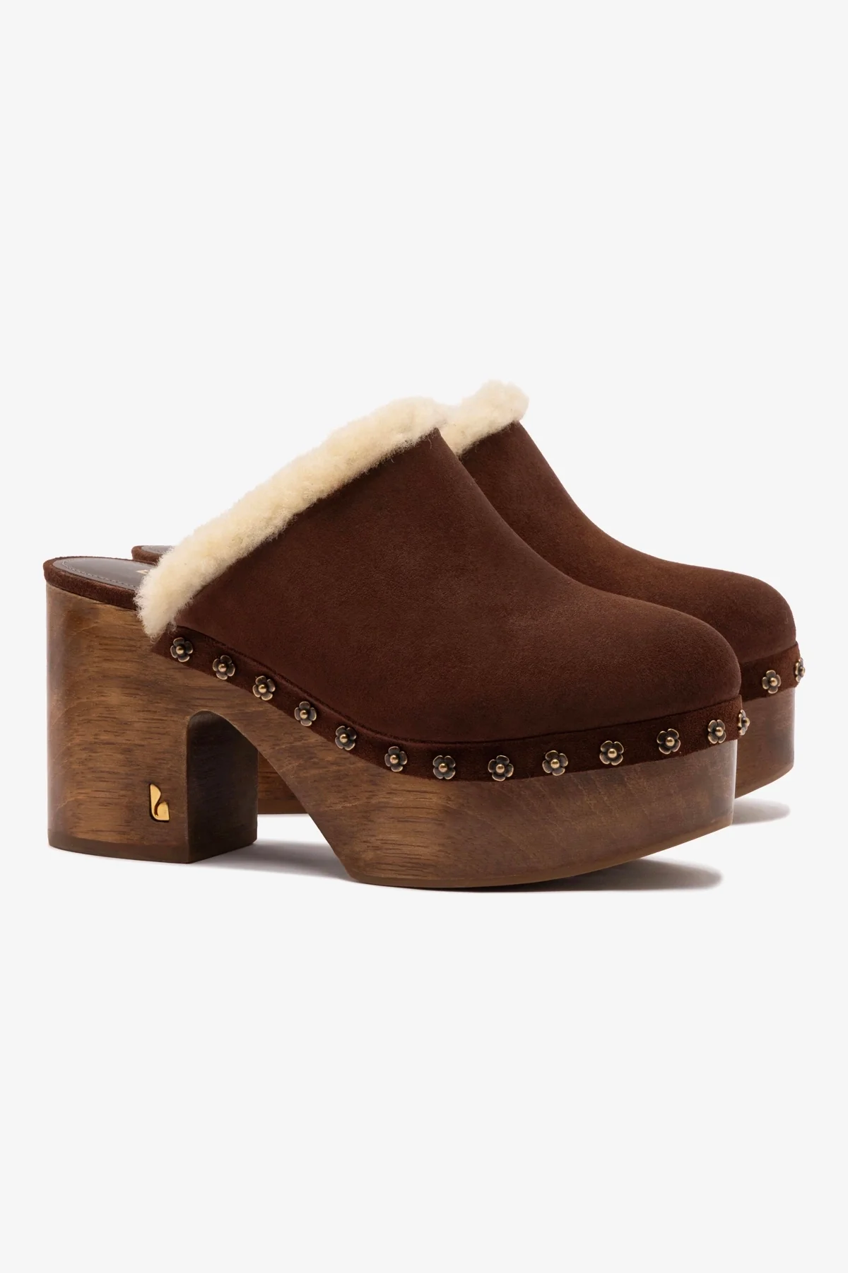 Miso Wooden Platform Clog In Brown Suede And Natural Shearling