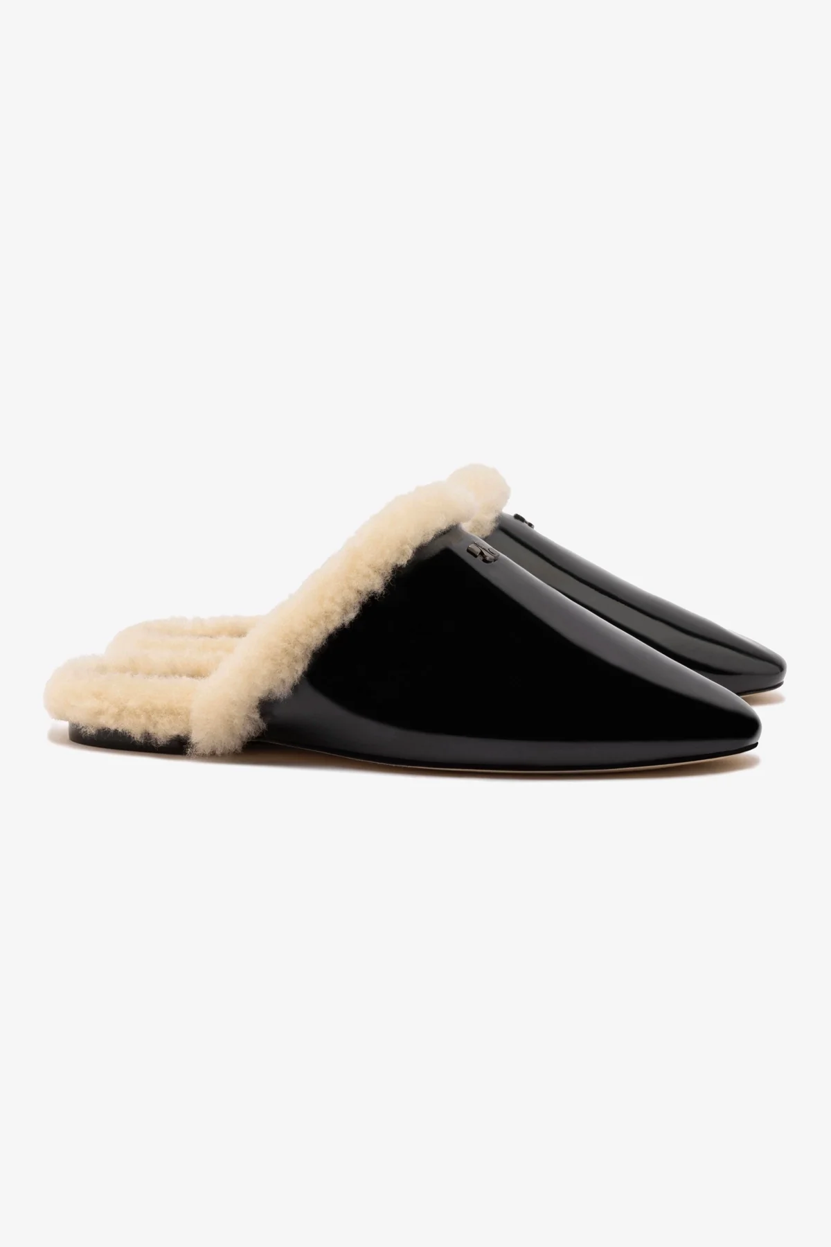 Venice Flat Mule In Black Patent Leather And Natural Shearling