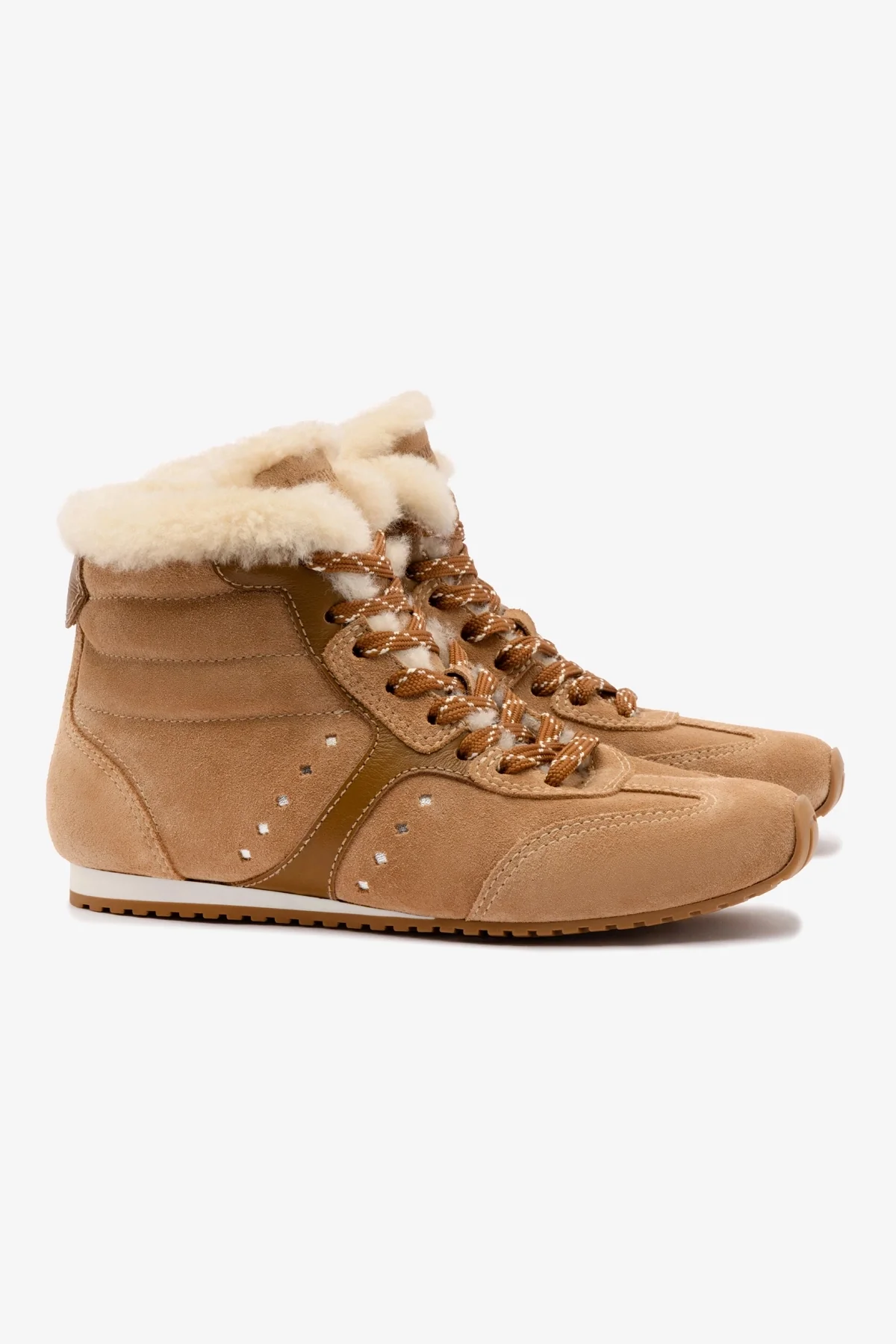 Stella Mid Sneaker In Peanut Suede And Natural Shearling