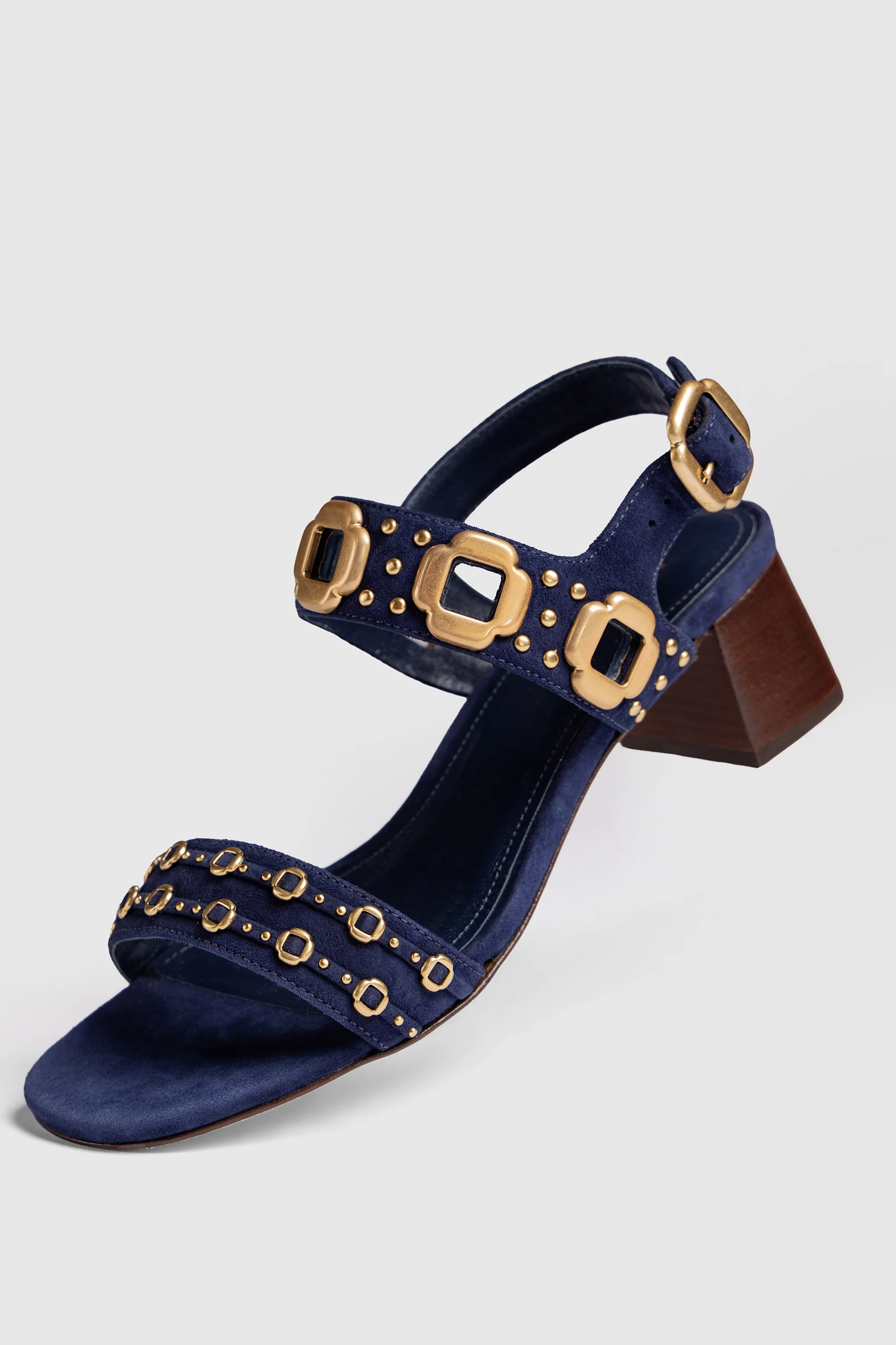 Milan Studs Block Sandal In Navy Suede