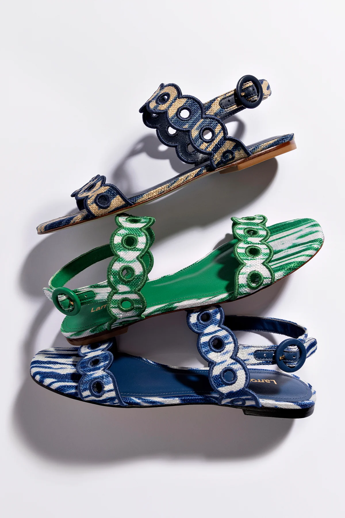 Florence Broderie Flat Sandal In Tie Dye Beige and Navy Raffia