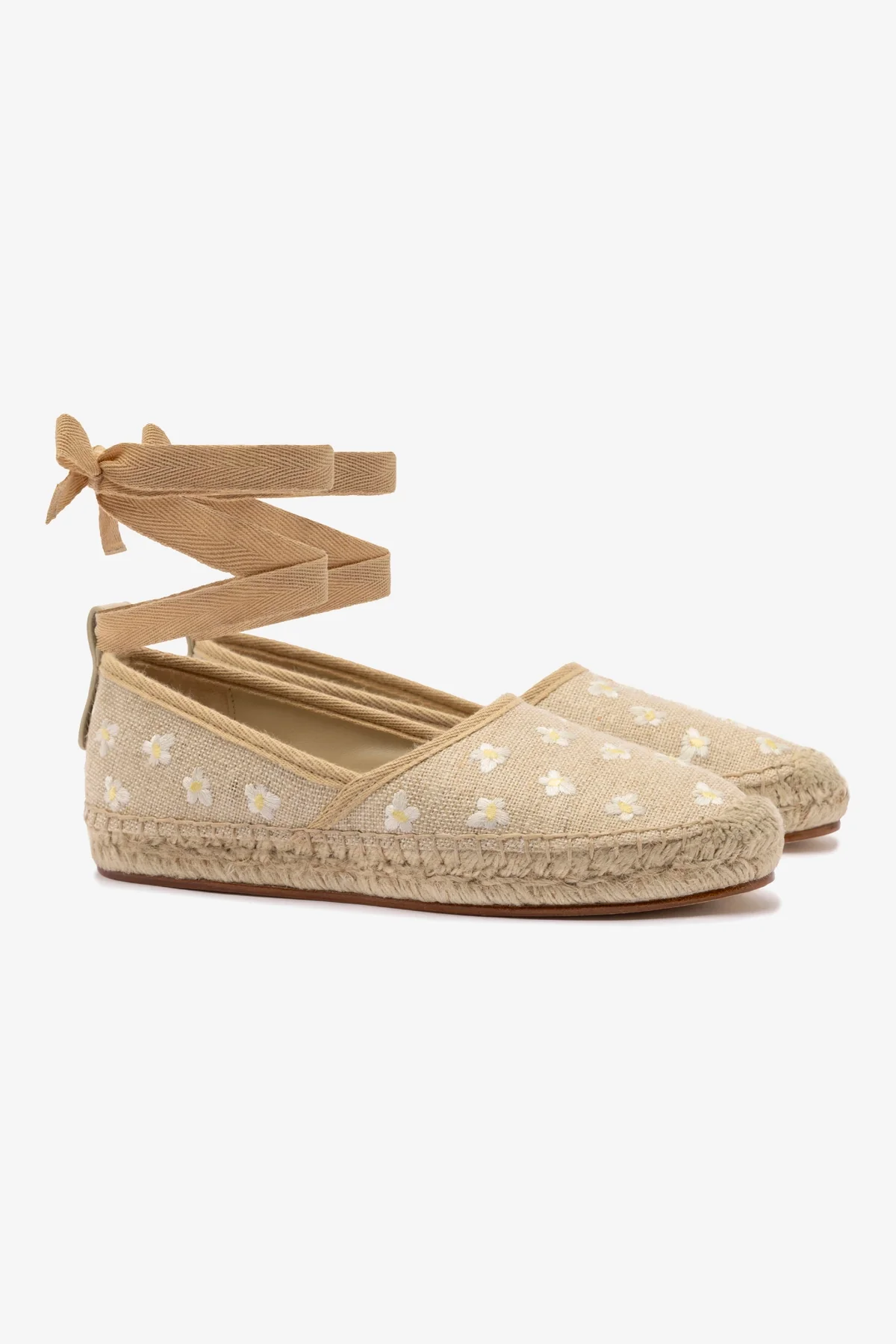 Letizia Espadrille Flat In Raw Linen and Daisy Embroidery
