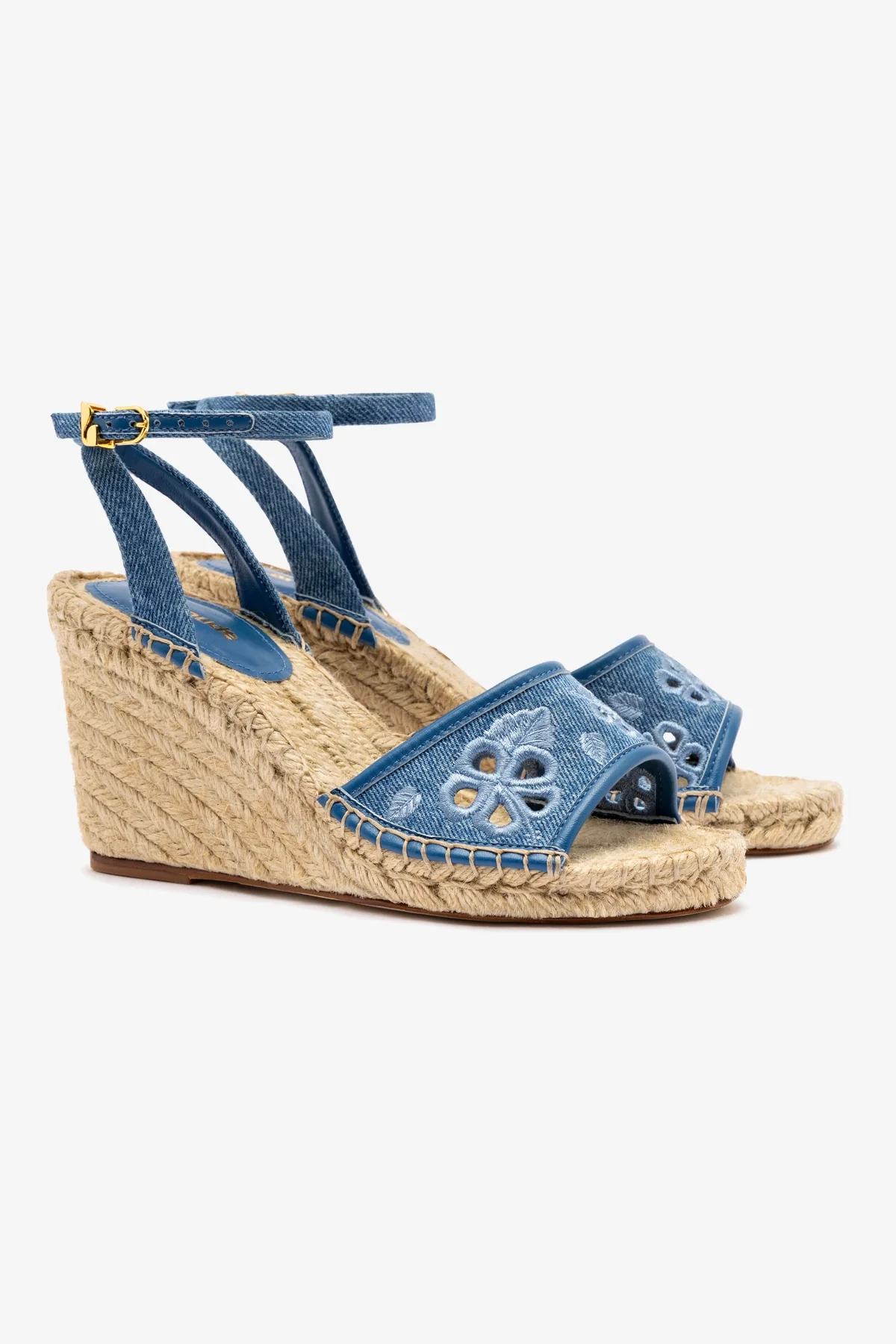 Letizia Espadrille Wedge In Blue Stoned Denim and Hibiscus Broderie