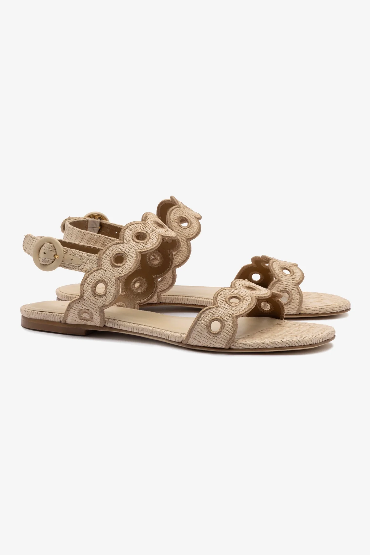 Florence Broderie Flat Sandal In Natural Raffia and Hazelnut Trimming