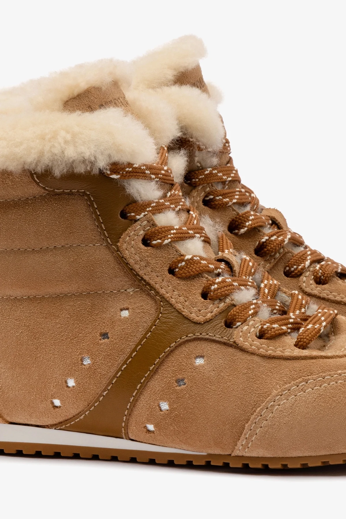 Stella Mid Sneaker In Peanut Suede And Natural Shearling